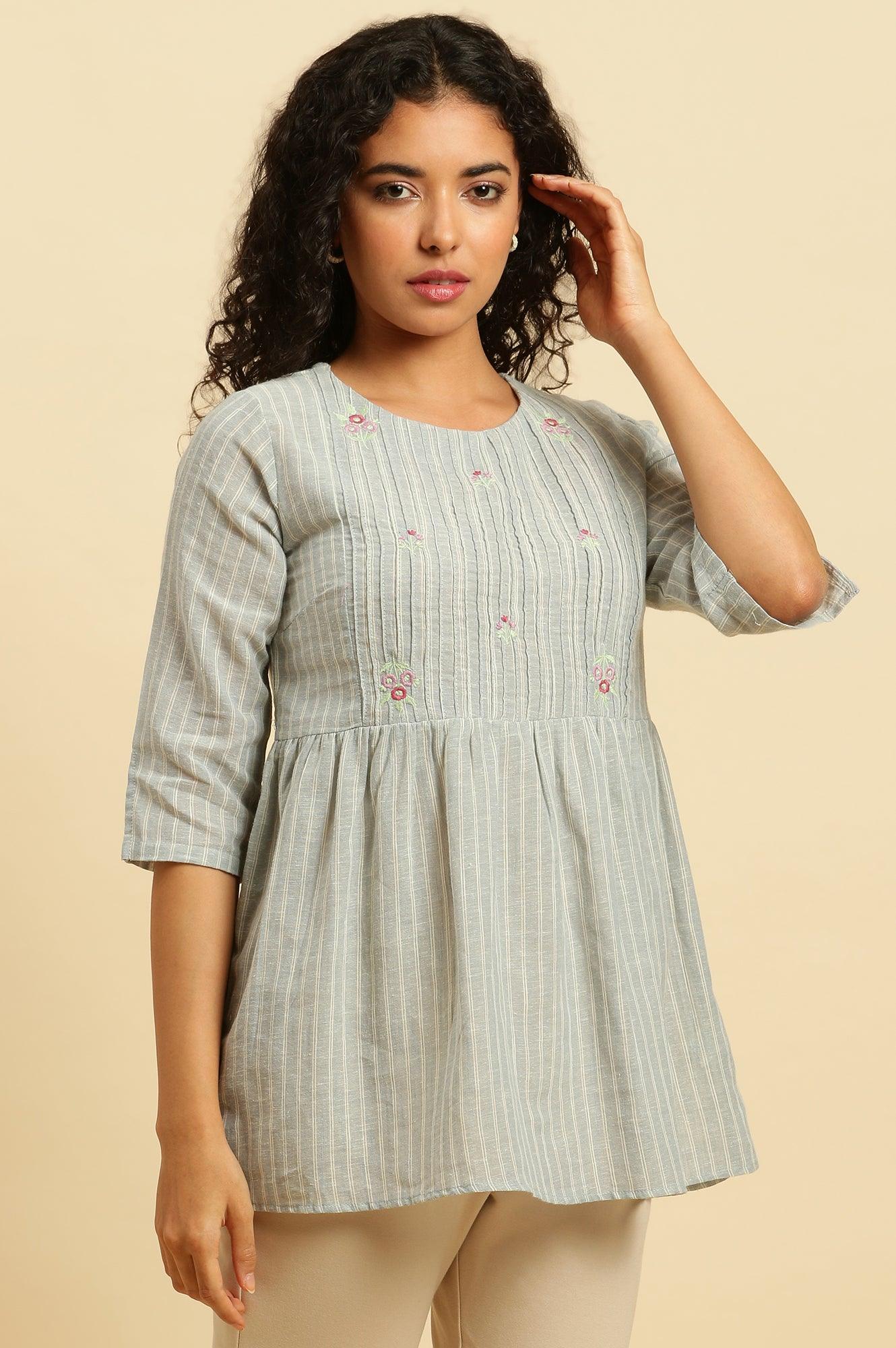 Grey Gathered Top With Pintucks & Embroidery - wforwoman