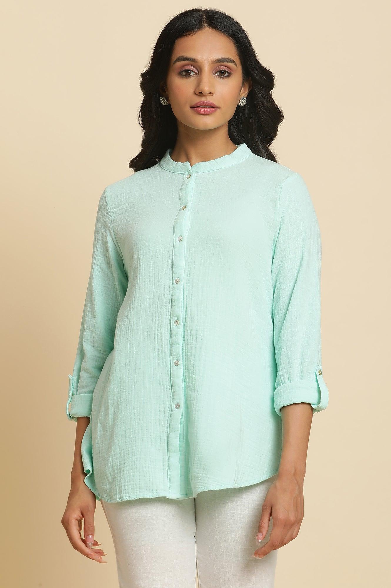 Blue Mandarin Collar Western Top - wforwoman