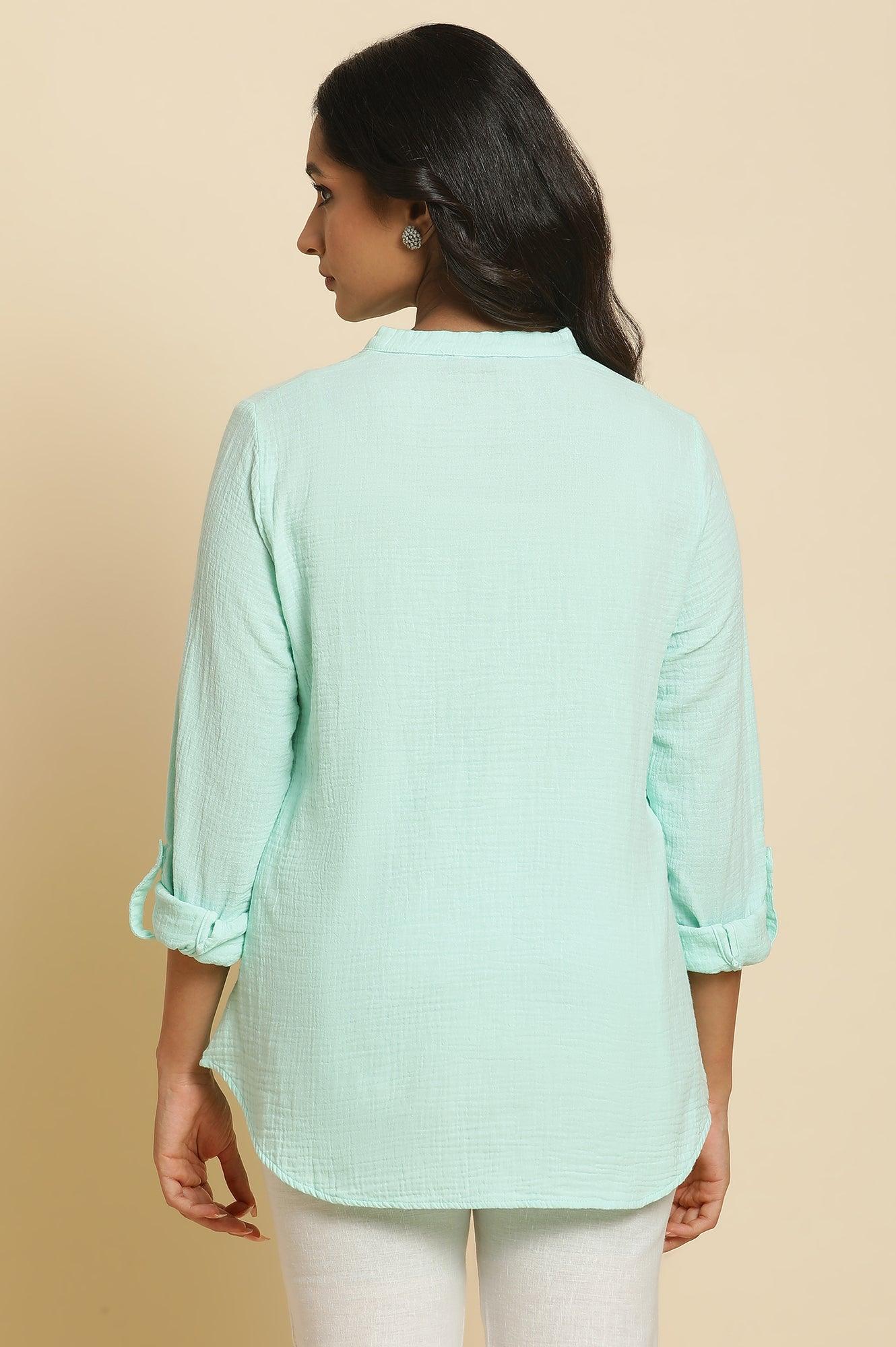 Blue Mandarin Collar Western Top - wforwoman