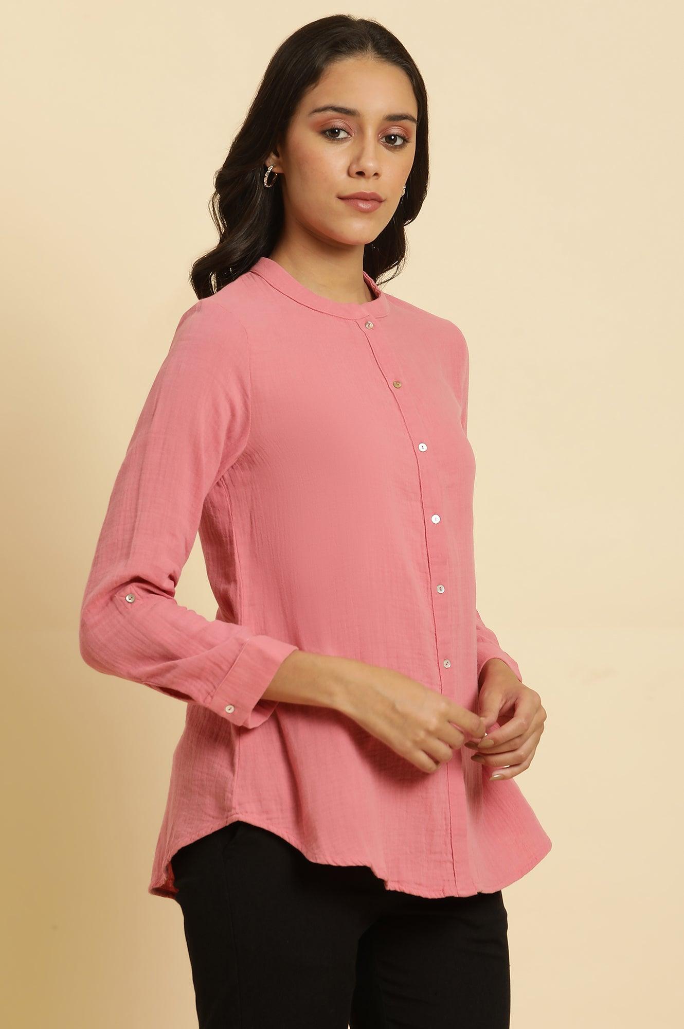 Pink Mandarin Collar Western Top - wforwoman