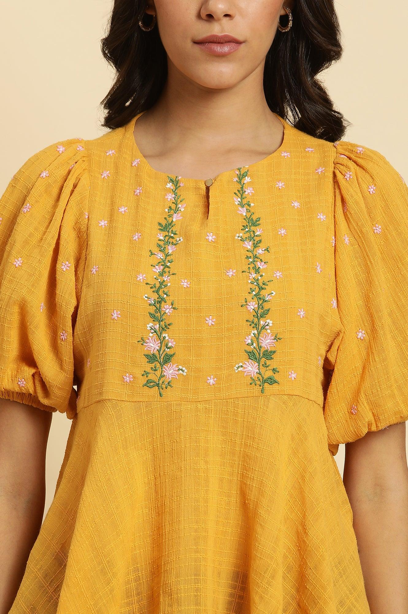 Yellow Peplum Top With Embroidered Yoke - wforwoman