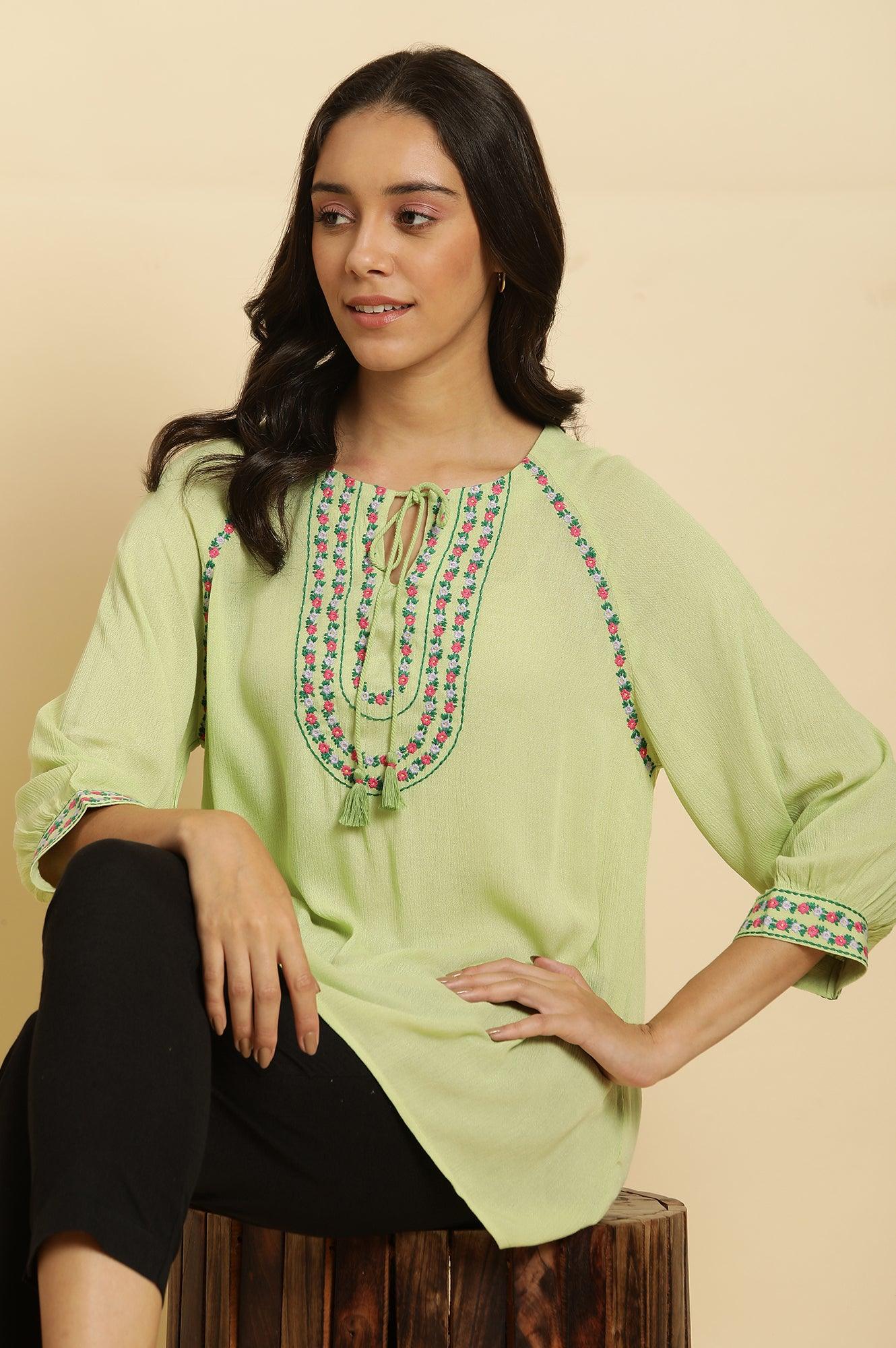 Sage Green Top With Embroidered Yoke - wforwoman