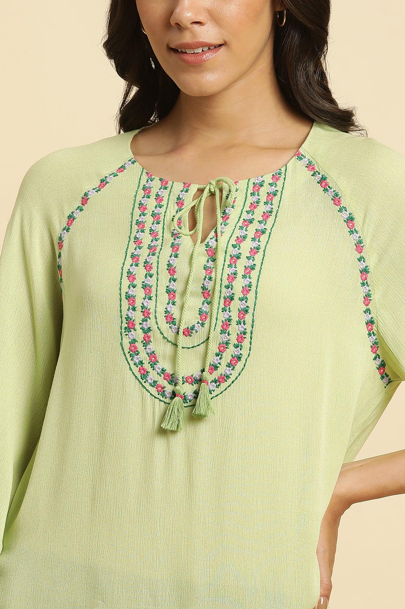 Sage Green Top With Embroidered Yoke - wforwoman