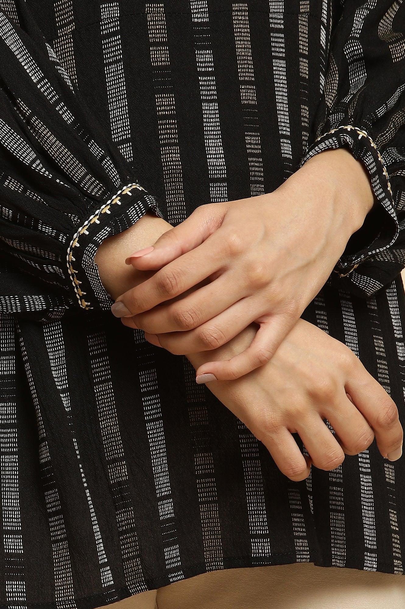 Black Gathered Top With Embroidery - wforwoman