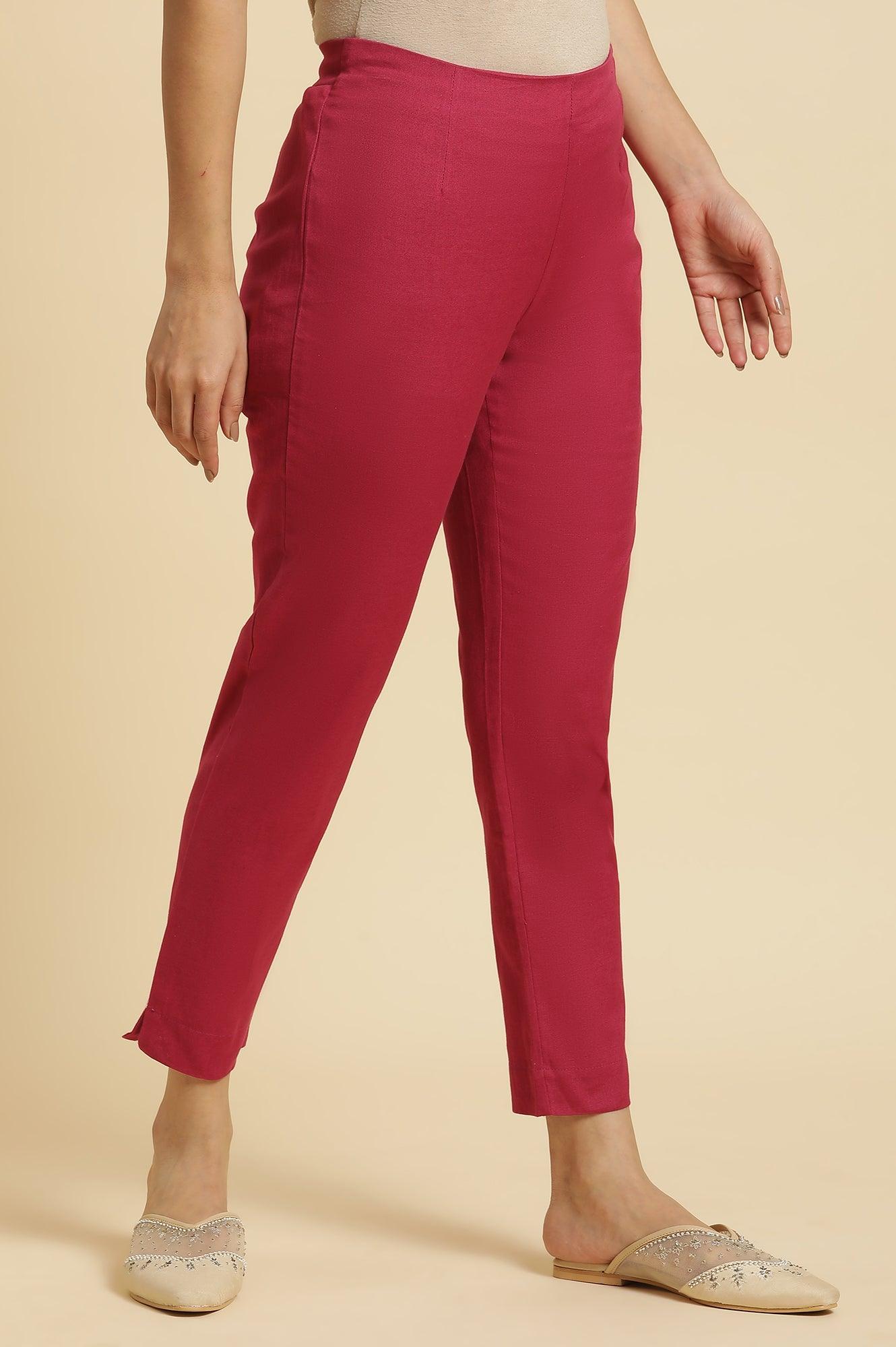 Pink Solid Cotton Flax Slim Pants - wforwoman