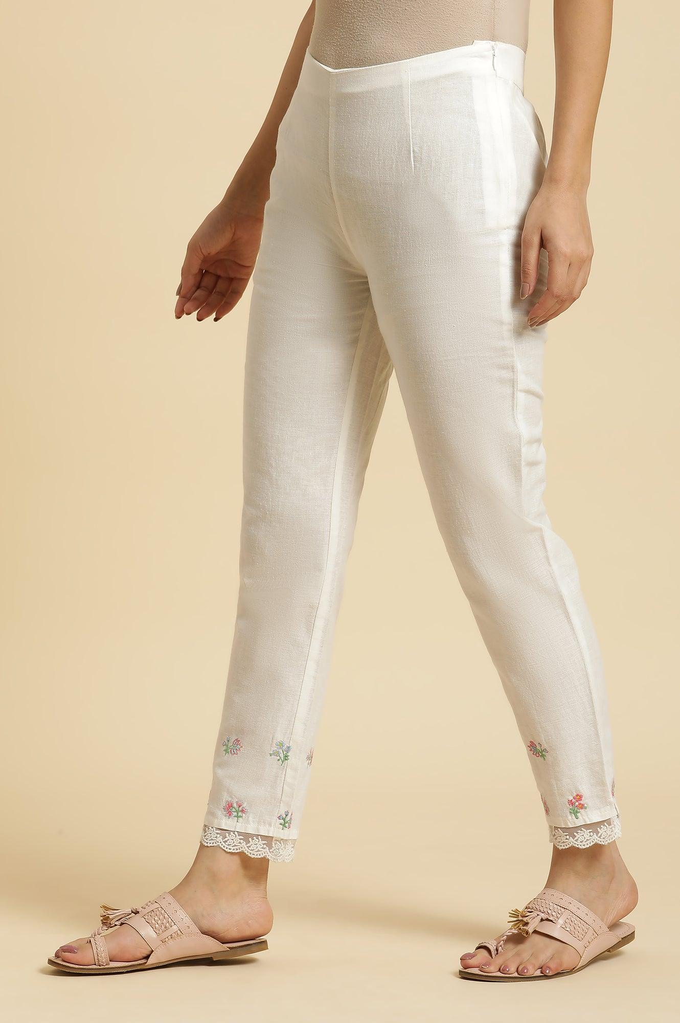 Ecru Slim Pants With Multi-Coloured Floral Embroidery - wforwoman