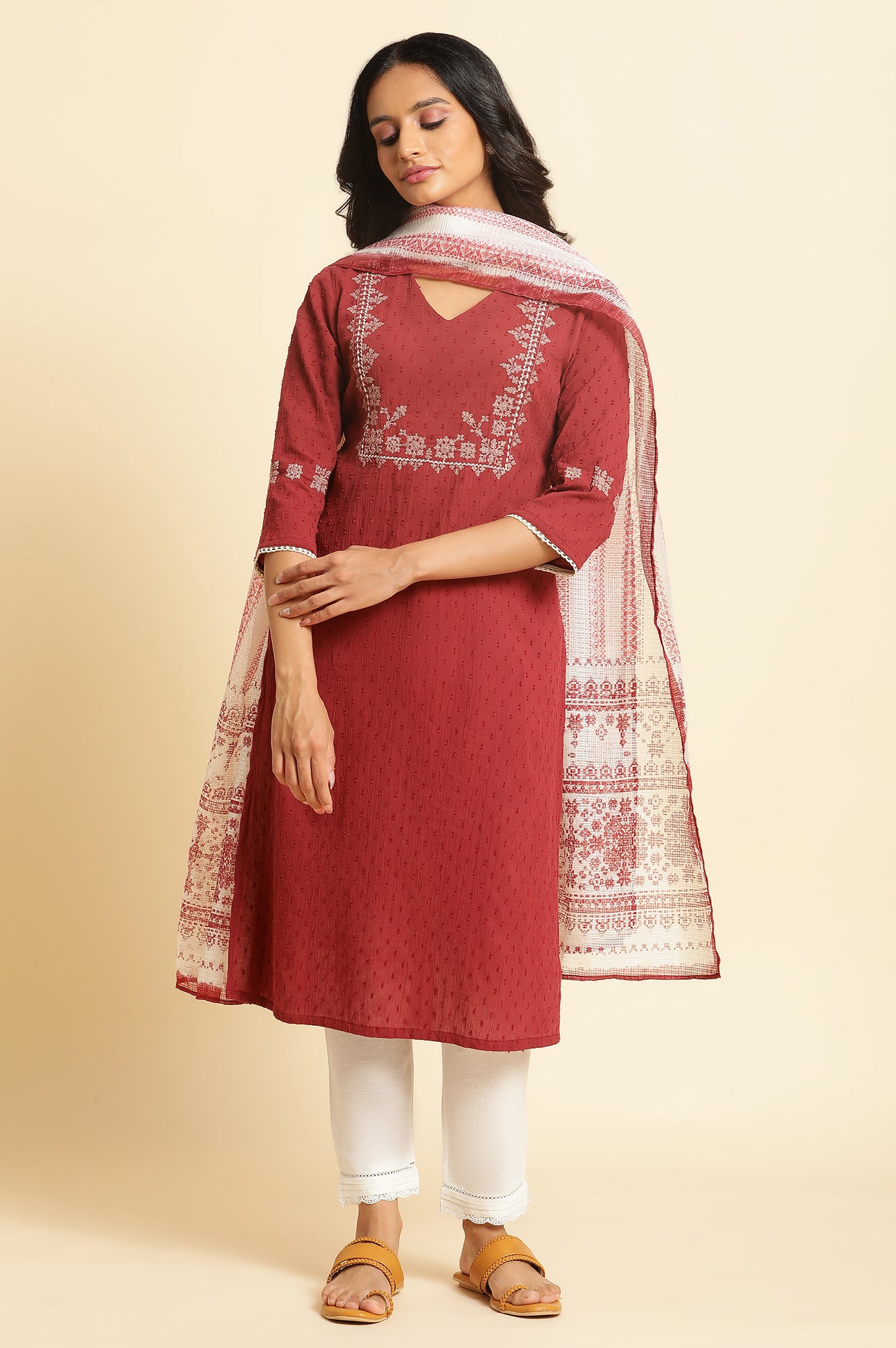 Ecru And Maroon Printed Kota Dupatta