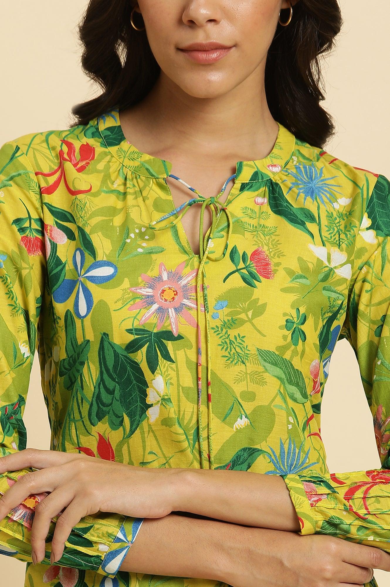 Green Floral Printed A-Line Kurta & Pants Co-Ord Set - wforwoman