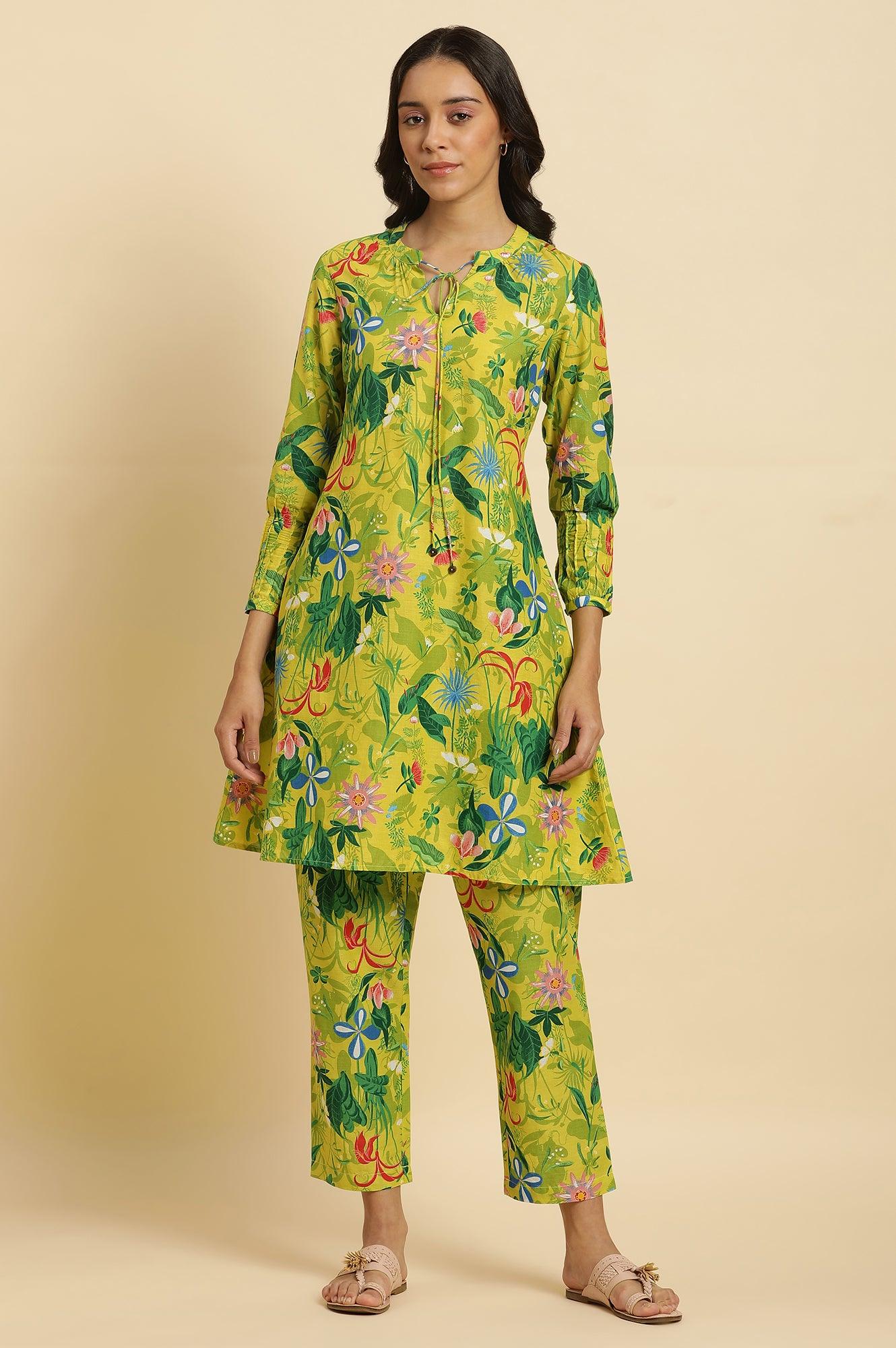 Green Floral Printed A-Line Kurta & Pants Co-Ord Set - wforwoman