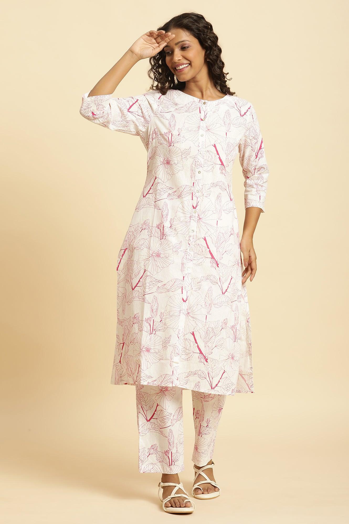 White Floral Printed Kurta And Pants Co-Ord Set - wforwoman