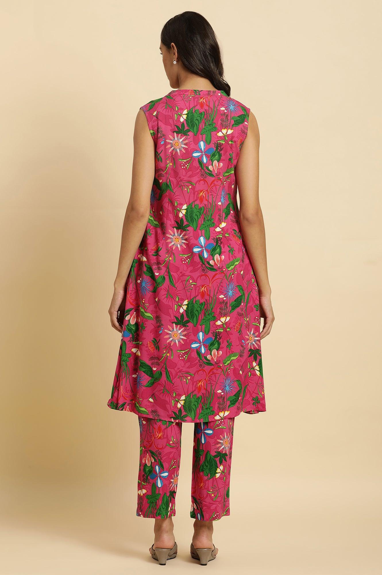 Pink Floral Printed Sleeveless Kurta & Pants Co-Ord Set - wforwoman