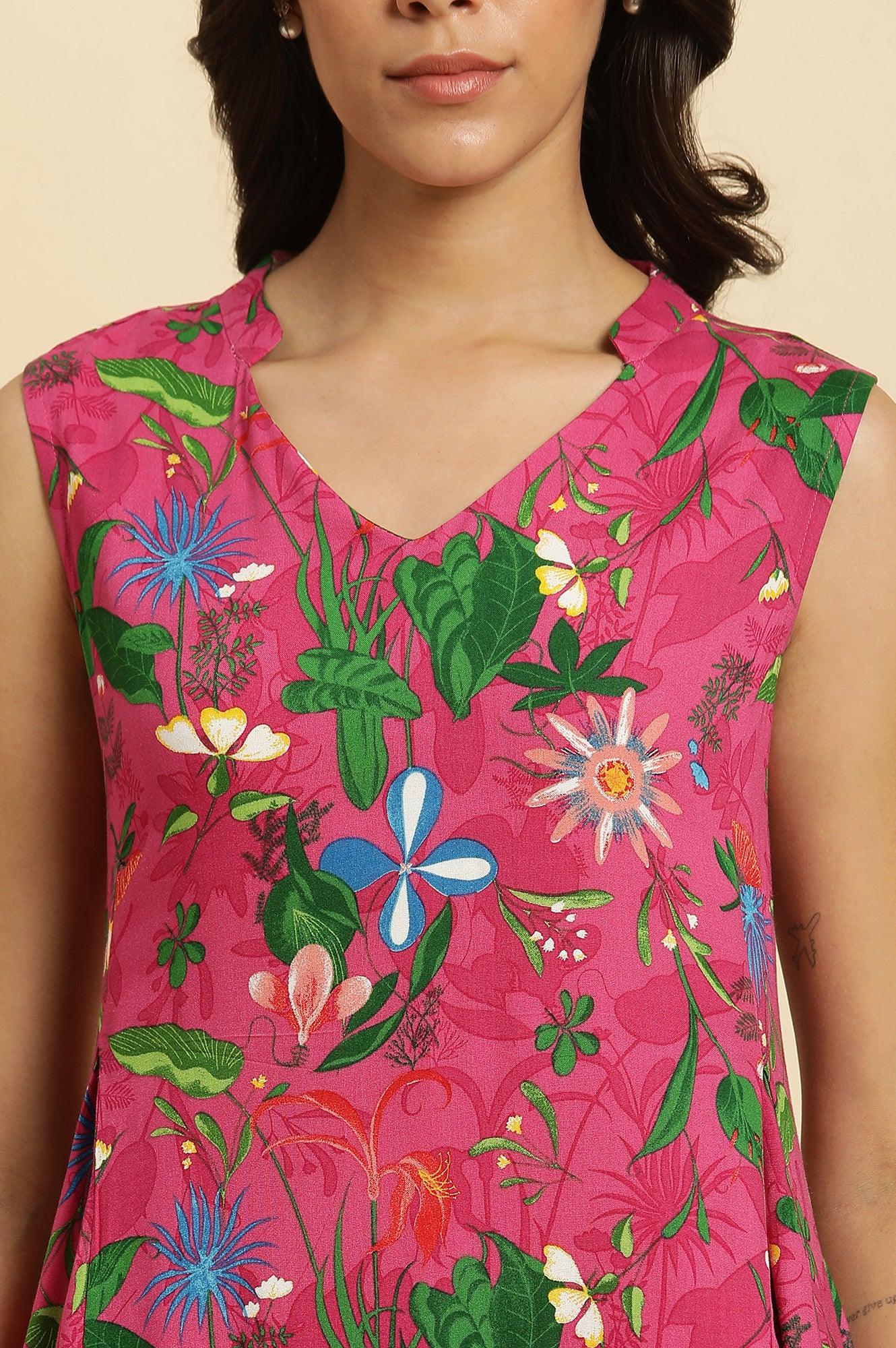 Pink Floral Printed Sleeveless Kurta & Pants Co-Ord Set - wforwoman