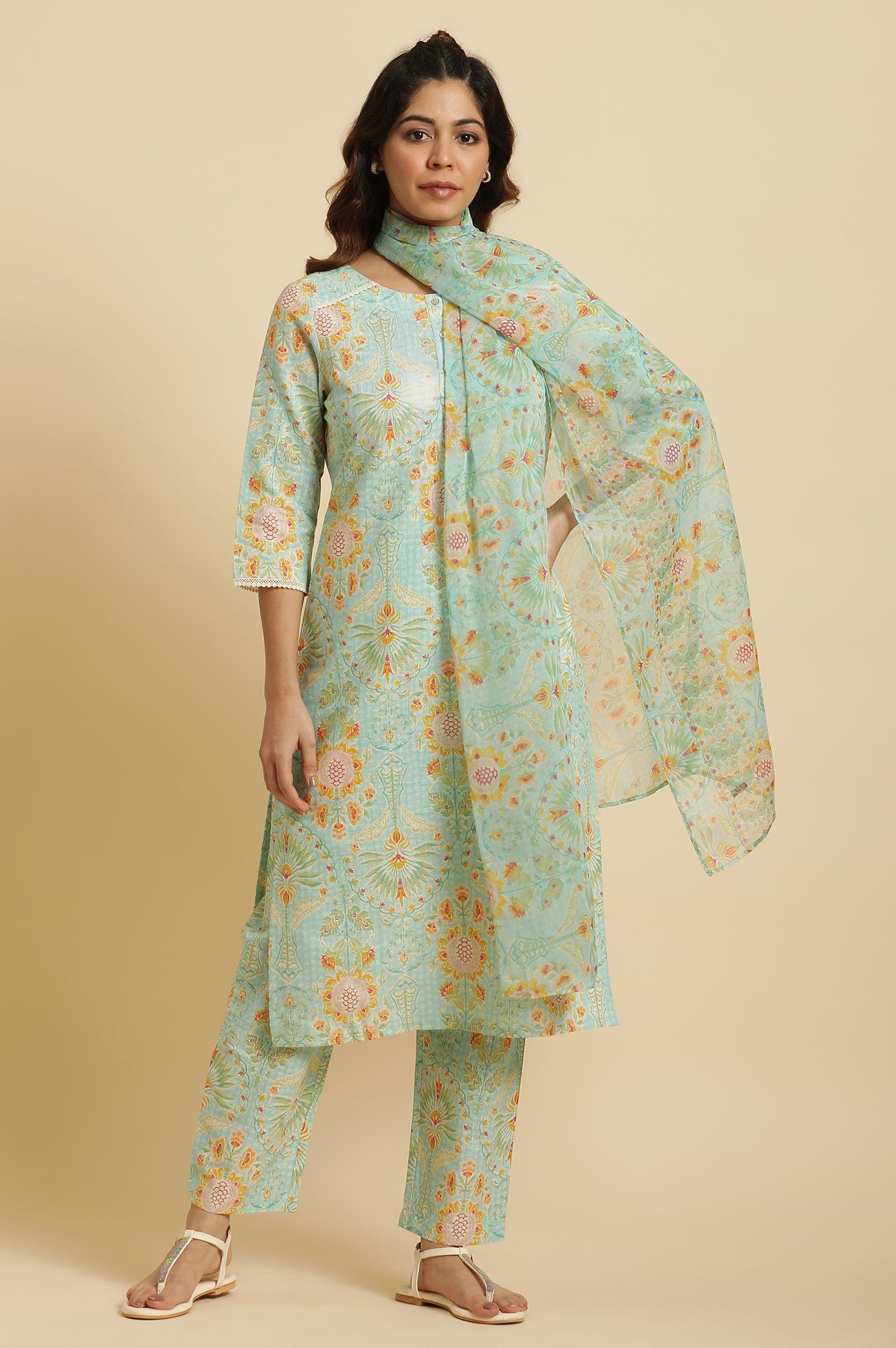 Light Green Floral Printed Kurta, Pants & Dupatta Set - wforwoman