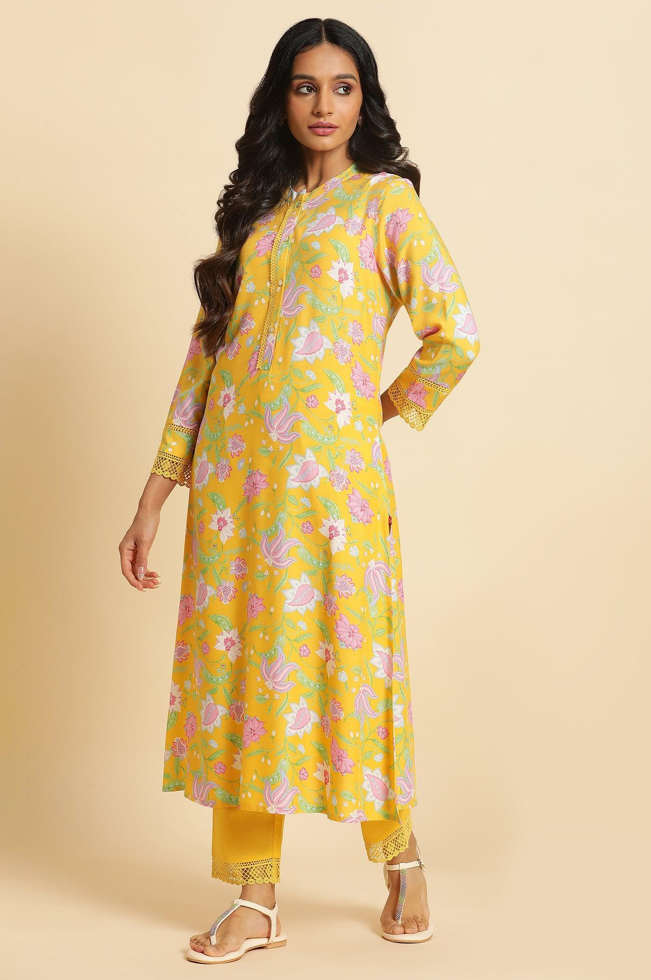 Bright Yellow Floral Printed Kurta & Pants Set - wforwoman