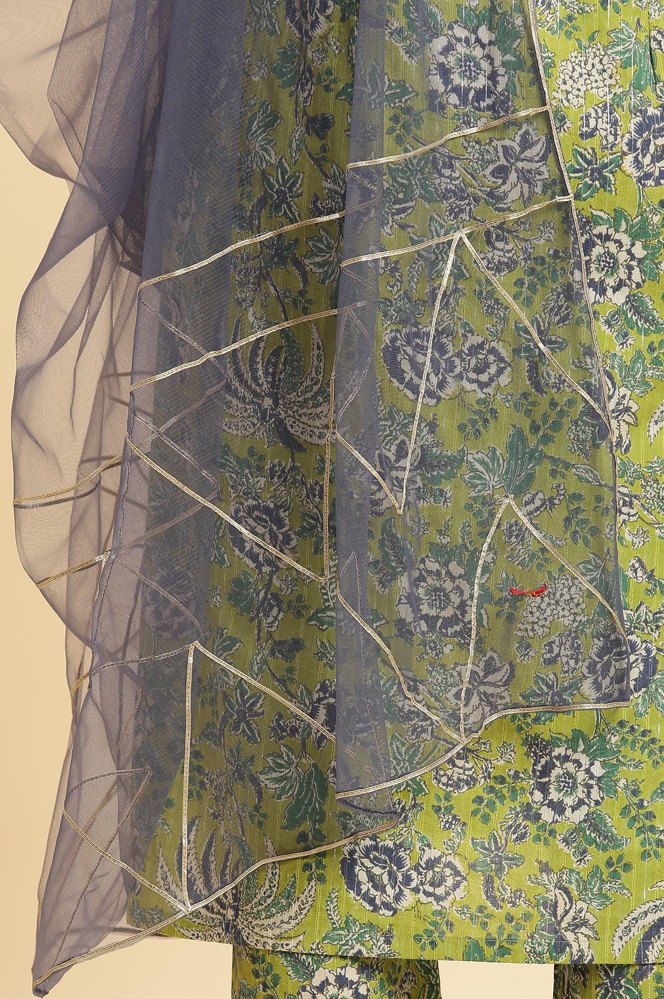 Light Green Floral Printed Kurta, Pants And Dupatta Set - wforwoman