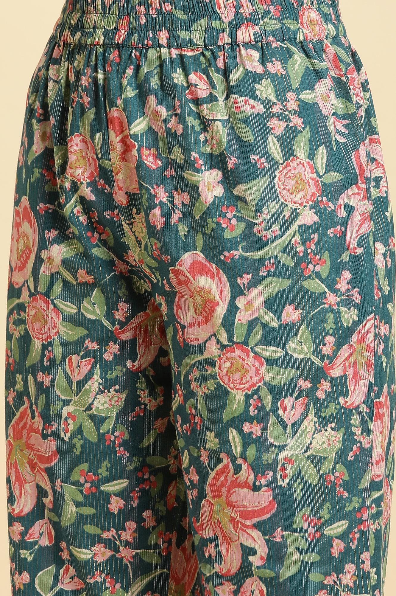 Teal Blue Printed Kurta, Bottom And Organza Dupatta Set - wforwoman