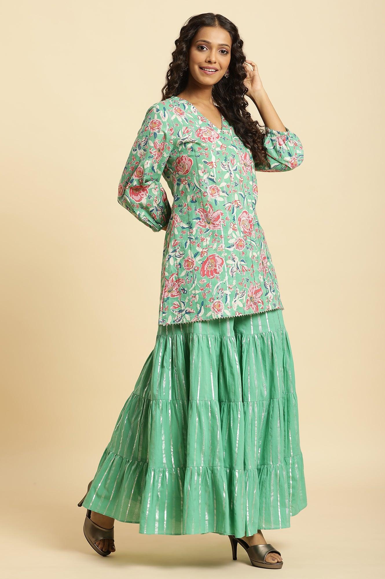 Mint Green Printed Short Kurta, Tiered Sharara And Dupatta - wforwoman