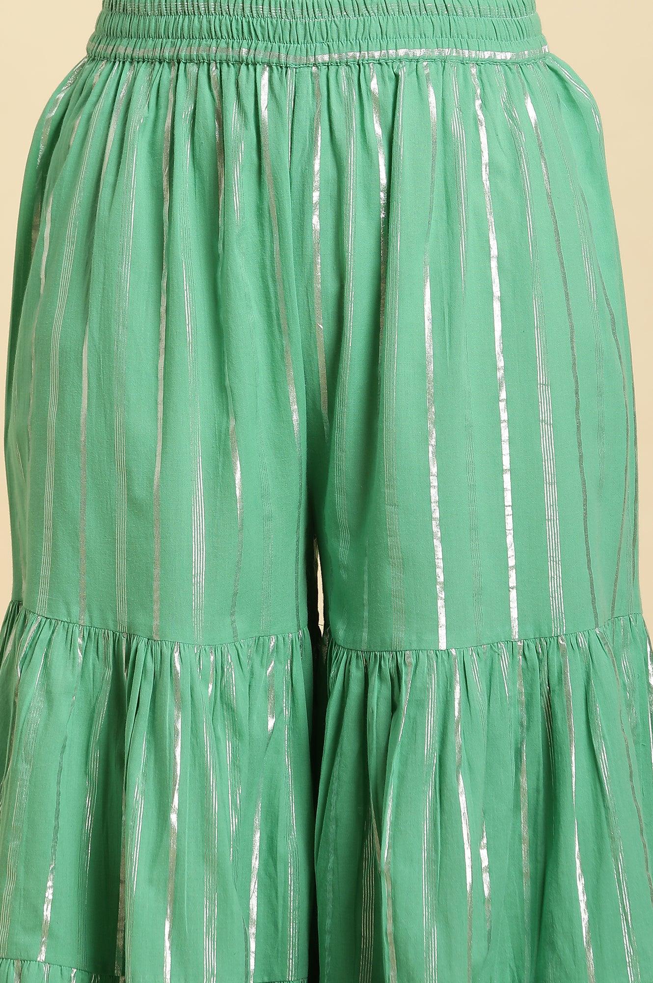 Mint Green Printed Short Kurta, Tiered Sharara And Dupatta - wforwoman