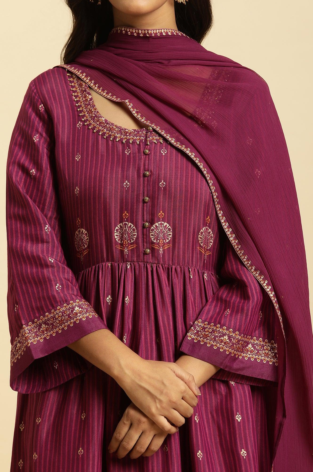 Purple Embellished Kurta, Pants And Dupatta Set - wforwoman