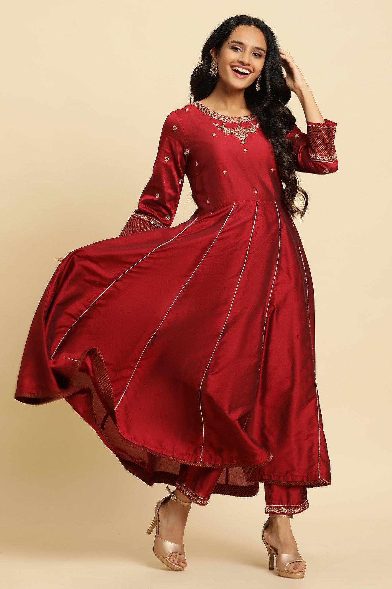 Dark Red Zari Embroidered Festive Kurta, Pant And Dupatta Set - wforwoman