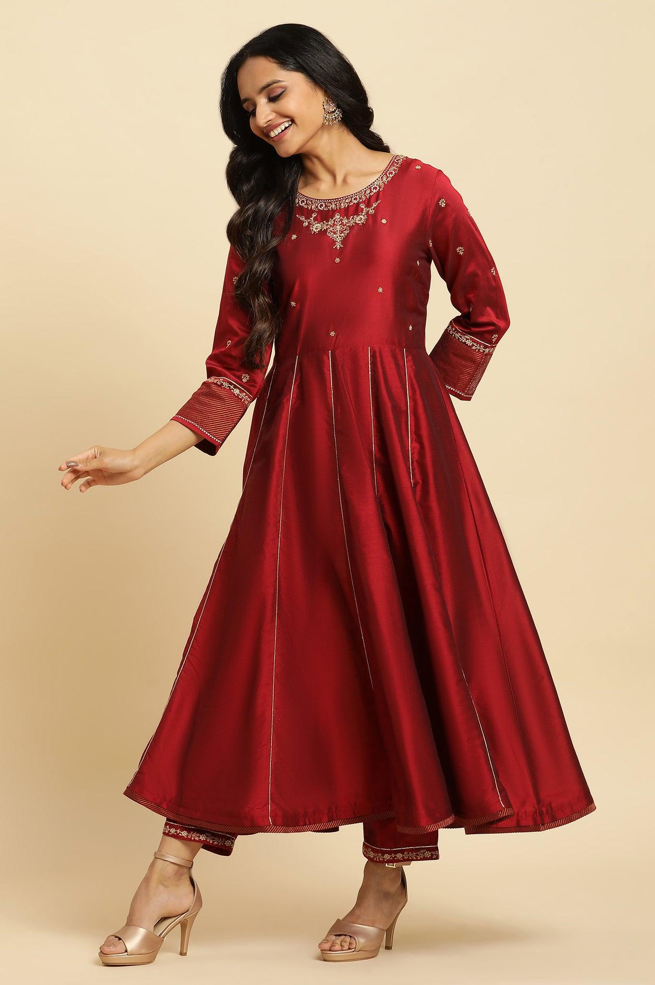 Dark Red Zari Embroidered Festive Kurta, Pant And Dupatta Set - wforwoman