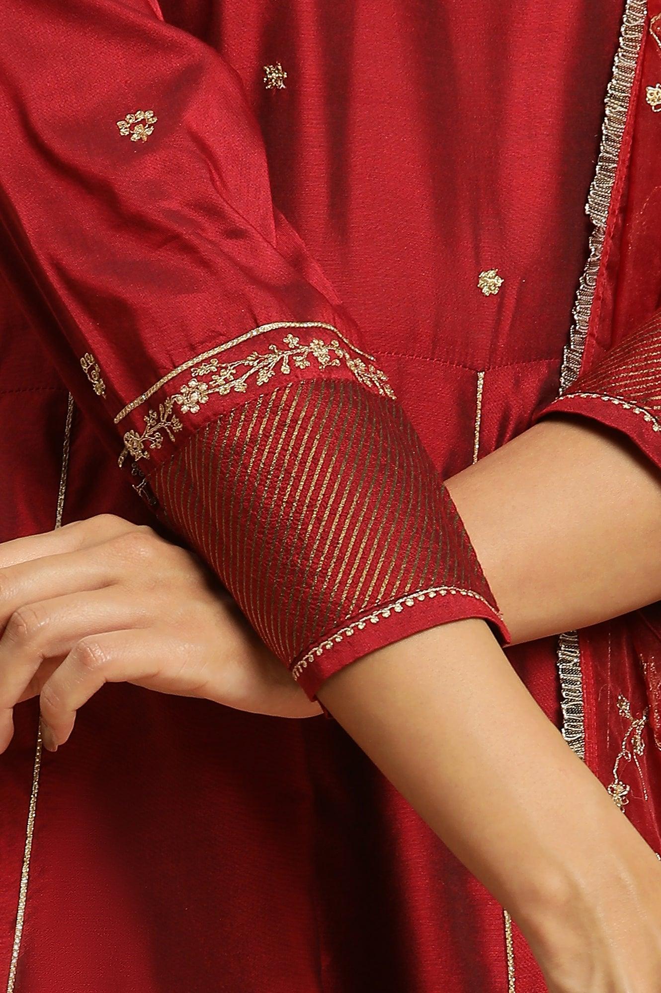 Dark Red Zari Embroidered Festive Kurta, Pant And Dupatta Set - wforwoman