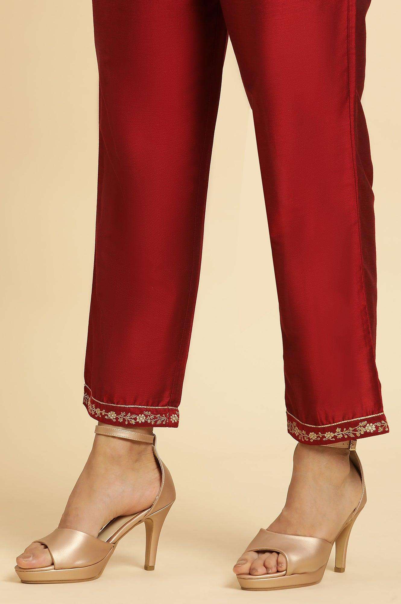 Dark Red Zari Embroidered Festive Kurta, Pant And Dupatta Set - wforwoman