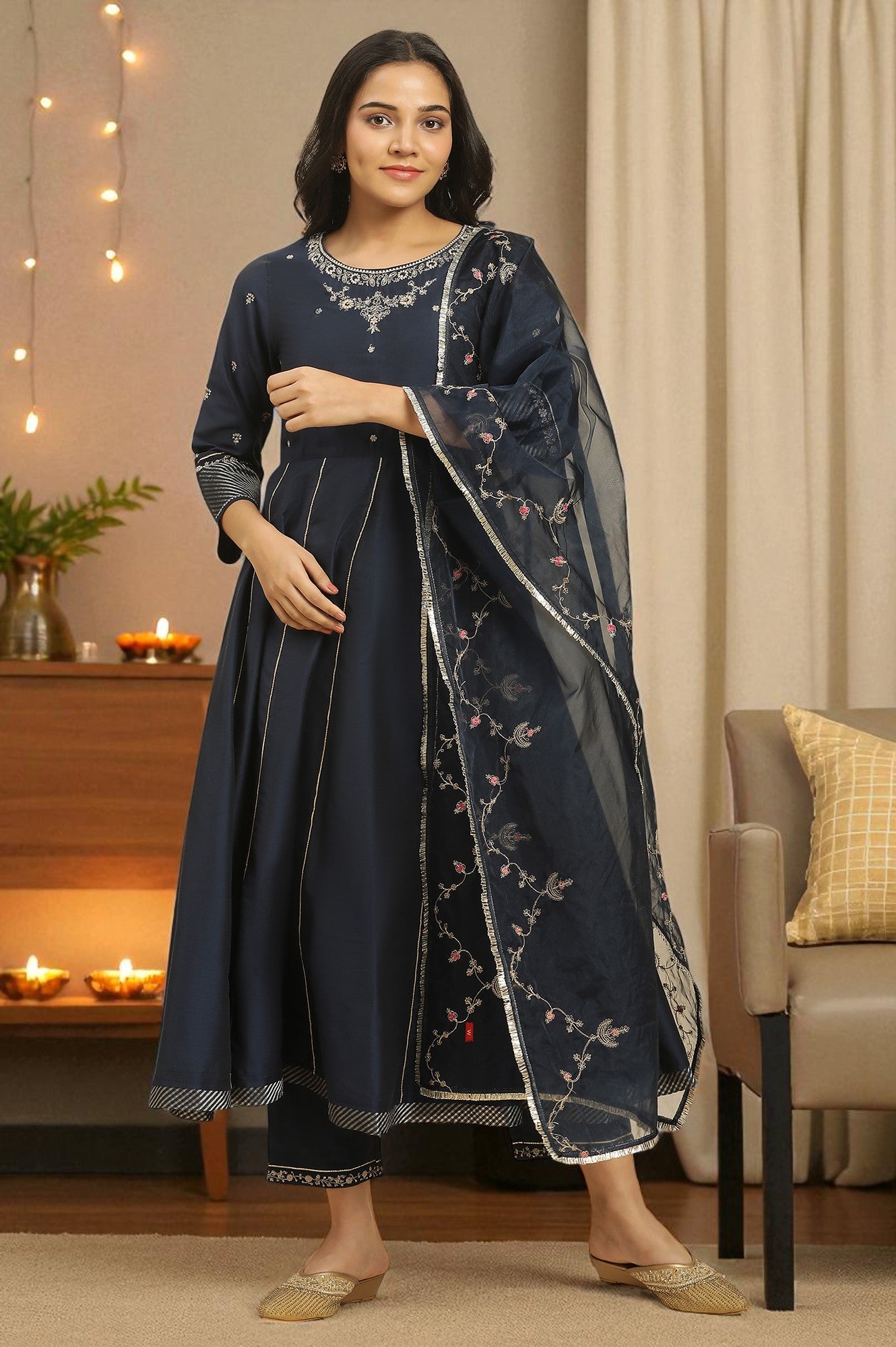 Buy Dark Blue Zari Embroidered Festive Kurta, Pants And Dupatta
