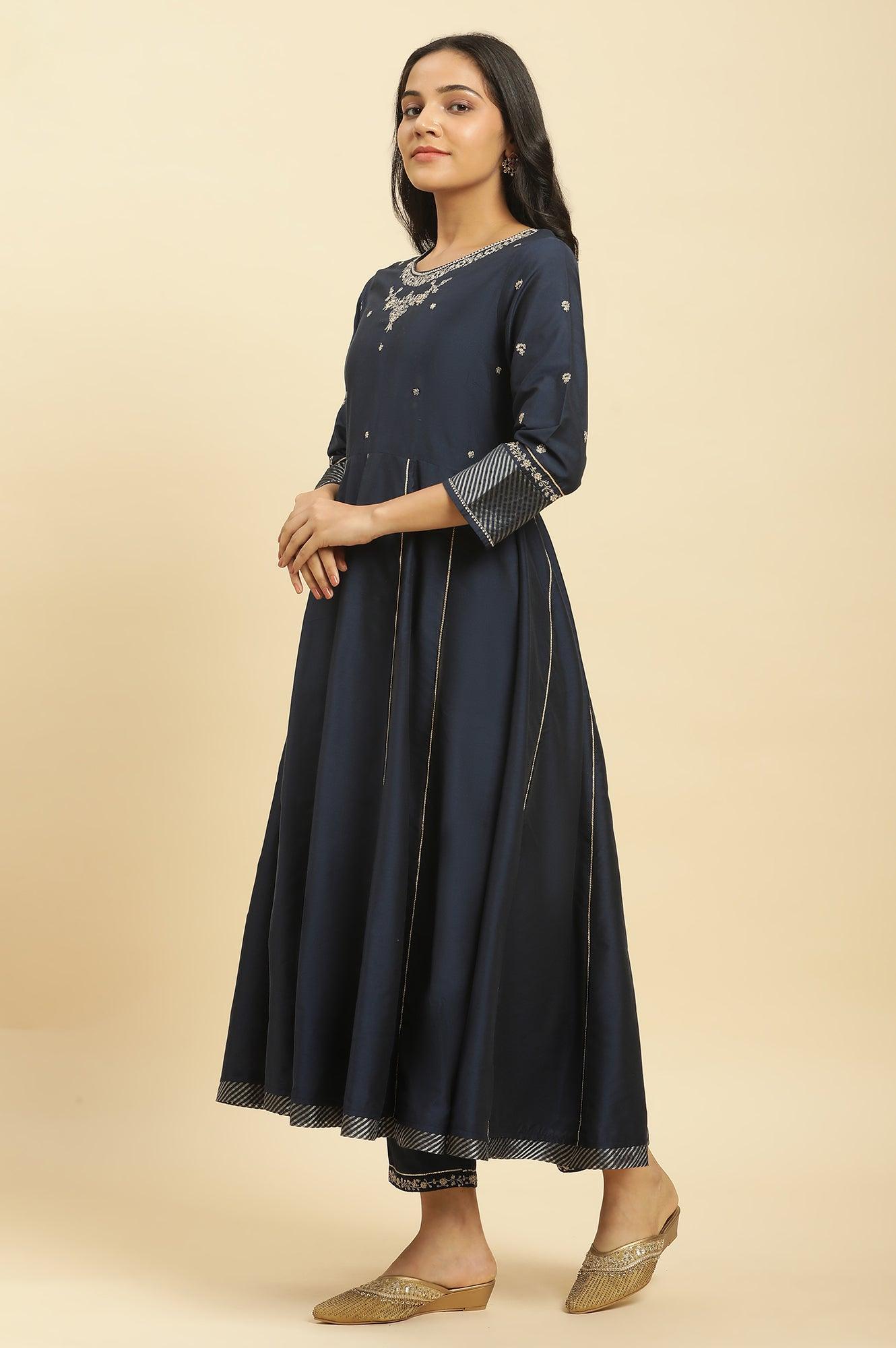 Dark Blue Zari Embroidered Festive Kurta, Pants And Dupatta Set - wforwoman