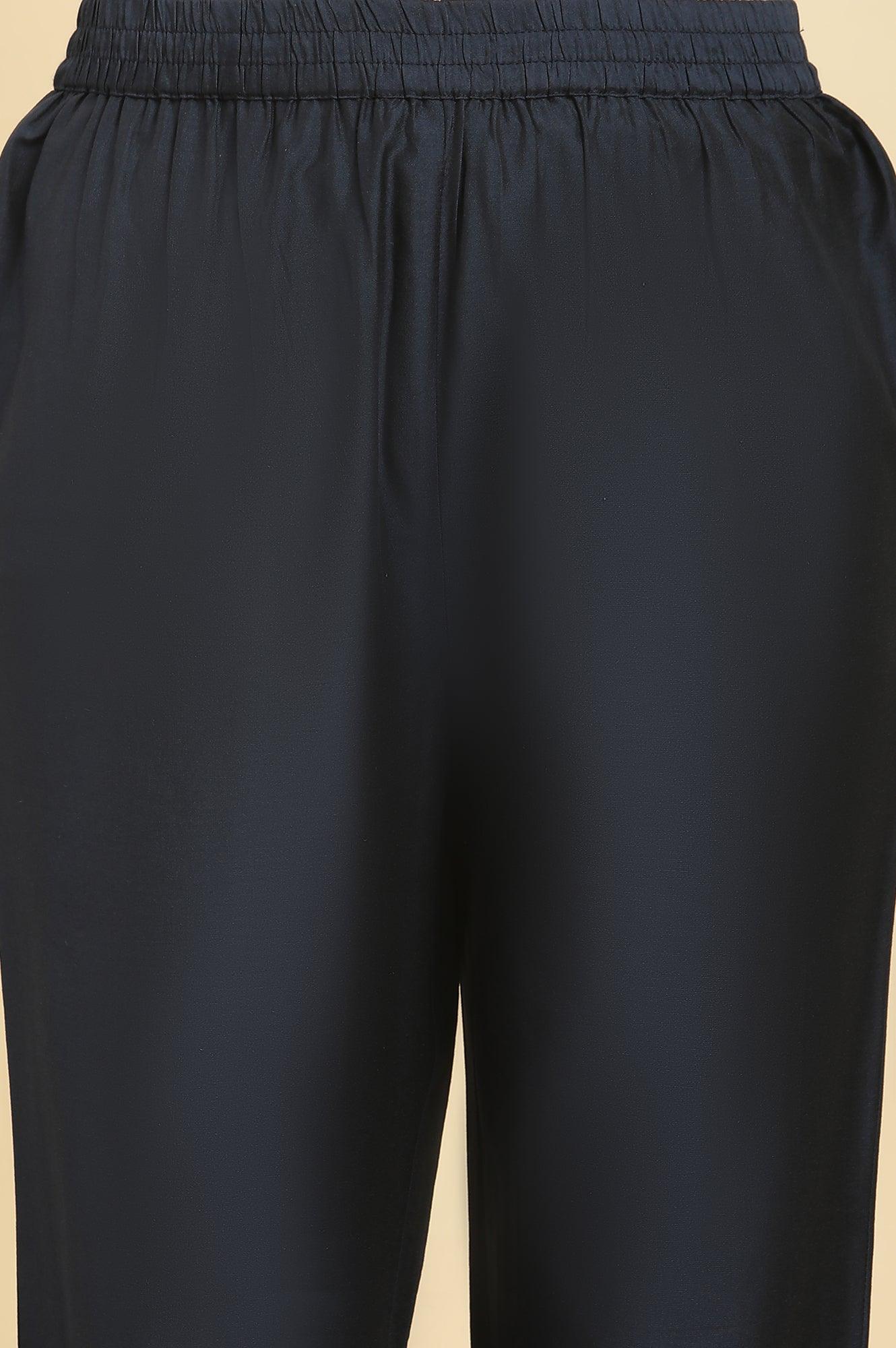 Dark Blue Zari Embroidered Festive Kurta, Pants And Dupatta Set - wforwoman