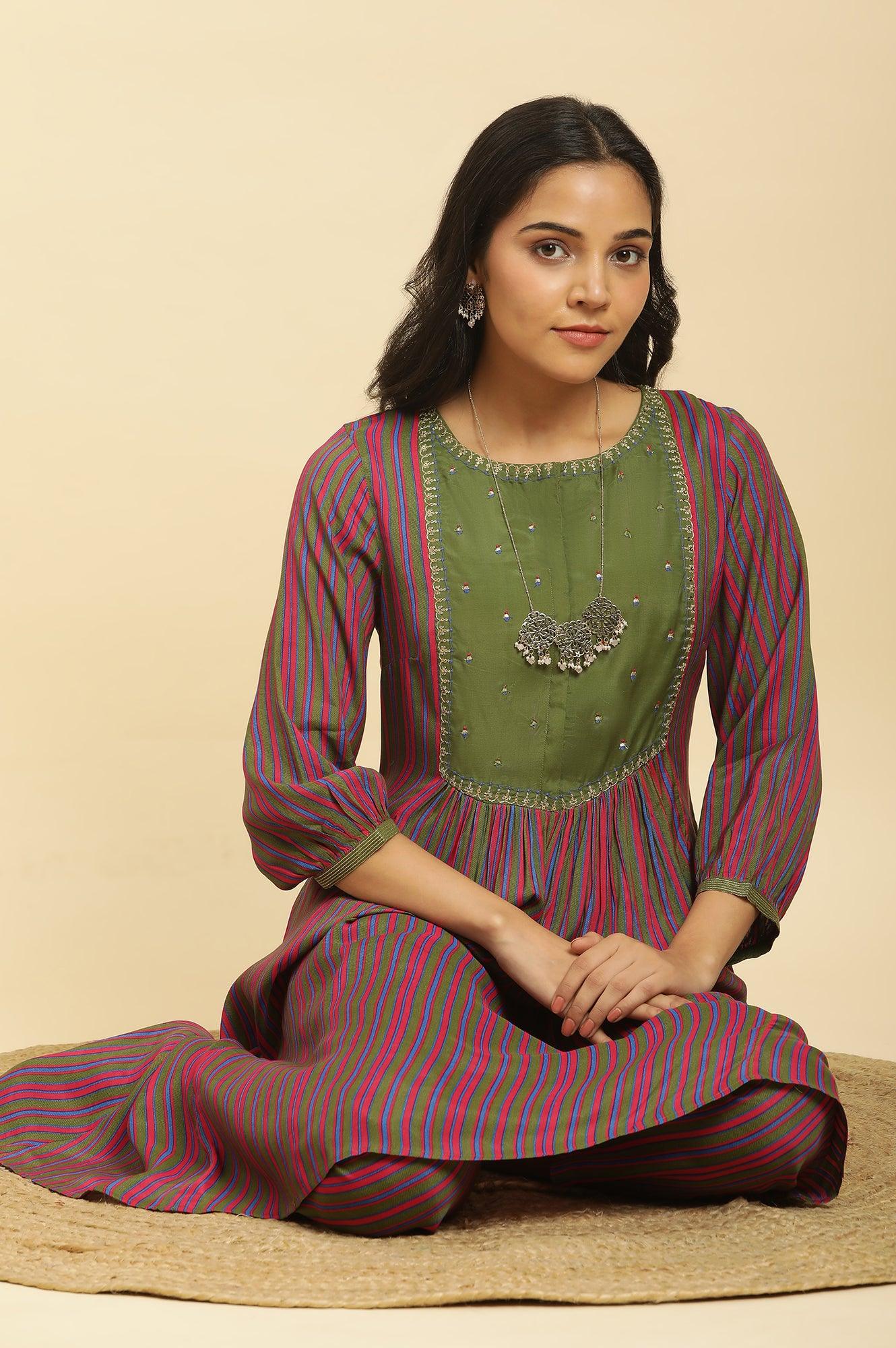 Multicoloured Stripe Printed And Green Embellished Yoke Kurta And Pants Set - wforwoman