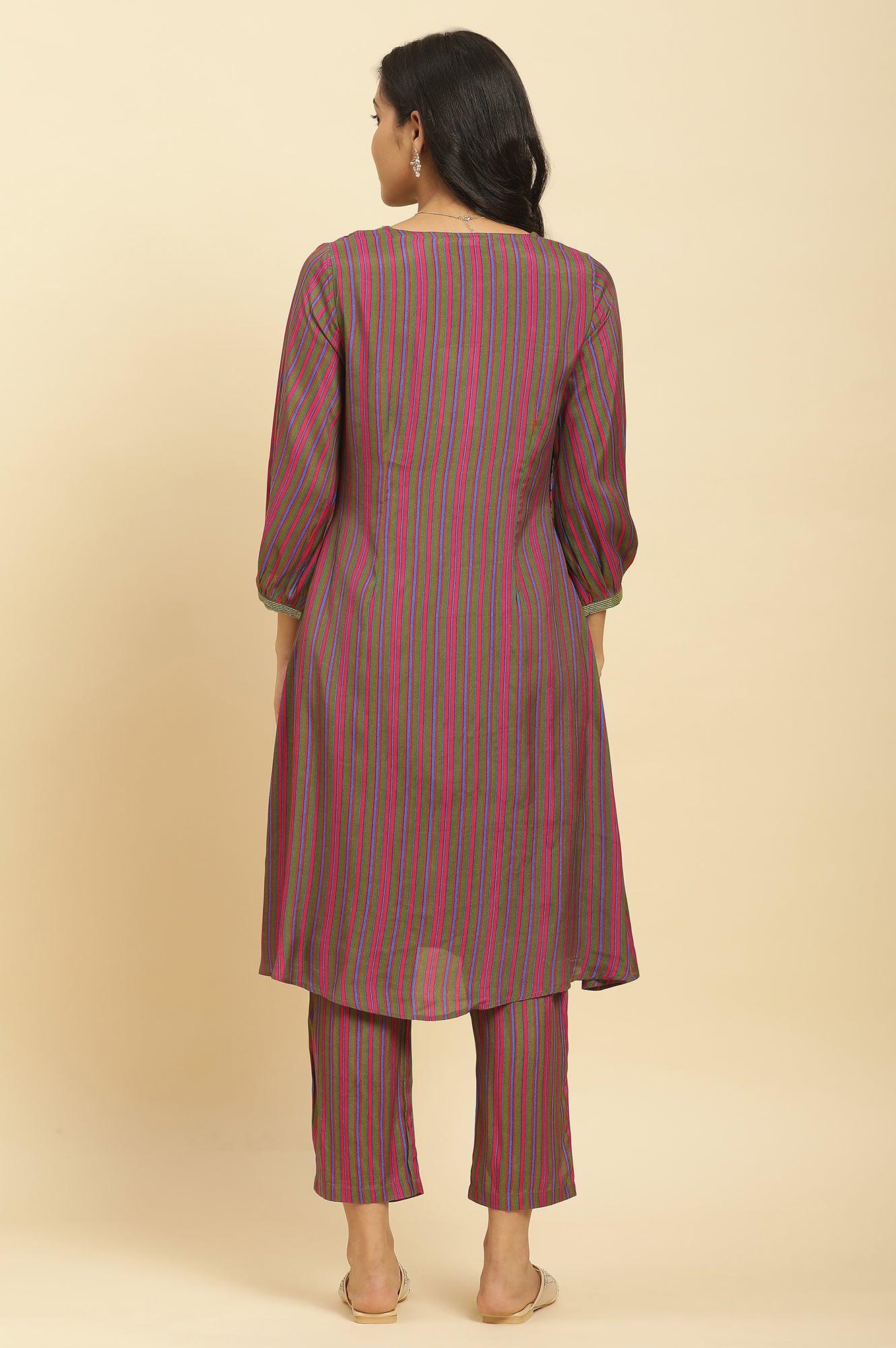 Multicoloured Stripe Printed And Green Embellished Yoke Kurta And Pants Set - wforwoman