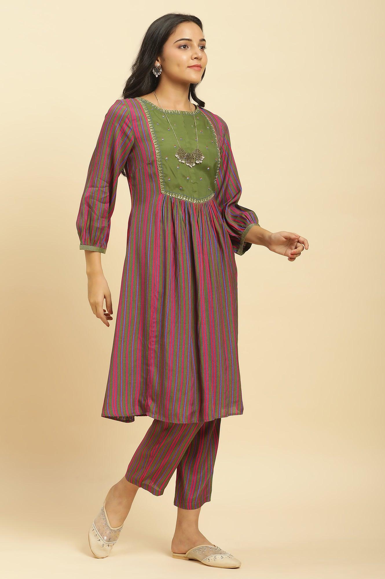 Multicoloured Stripe Printed And Green Embellished Yoke Kurta And Pants Set - wforwoman