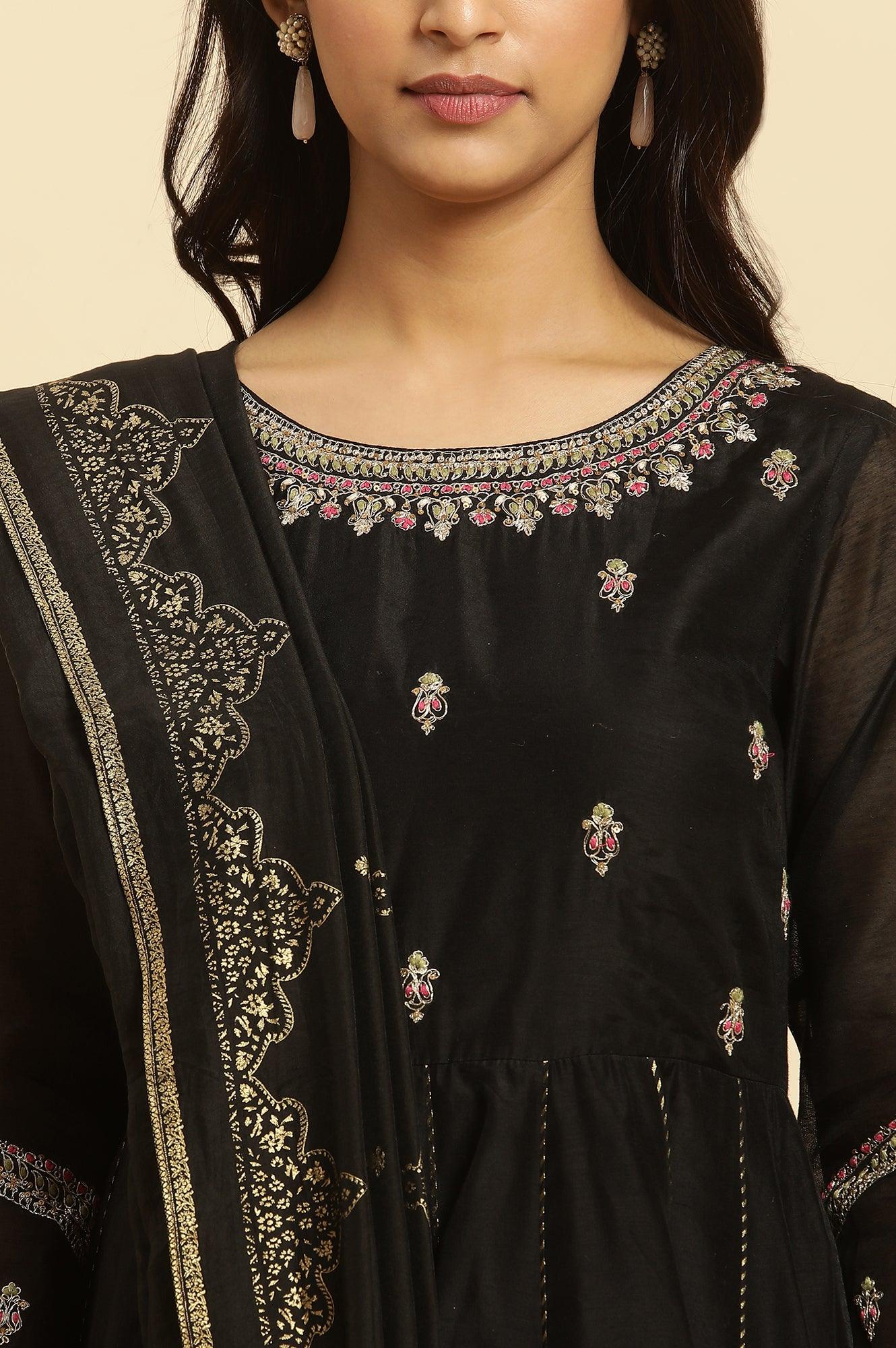 Black Flared Metallic Embroidered Kurta, Pants And Dupatta Set - wforwoman