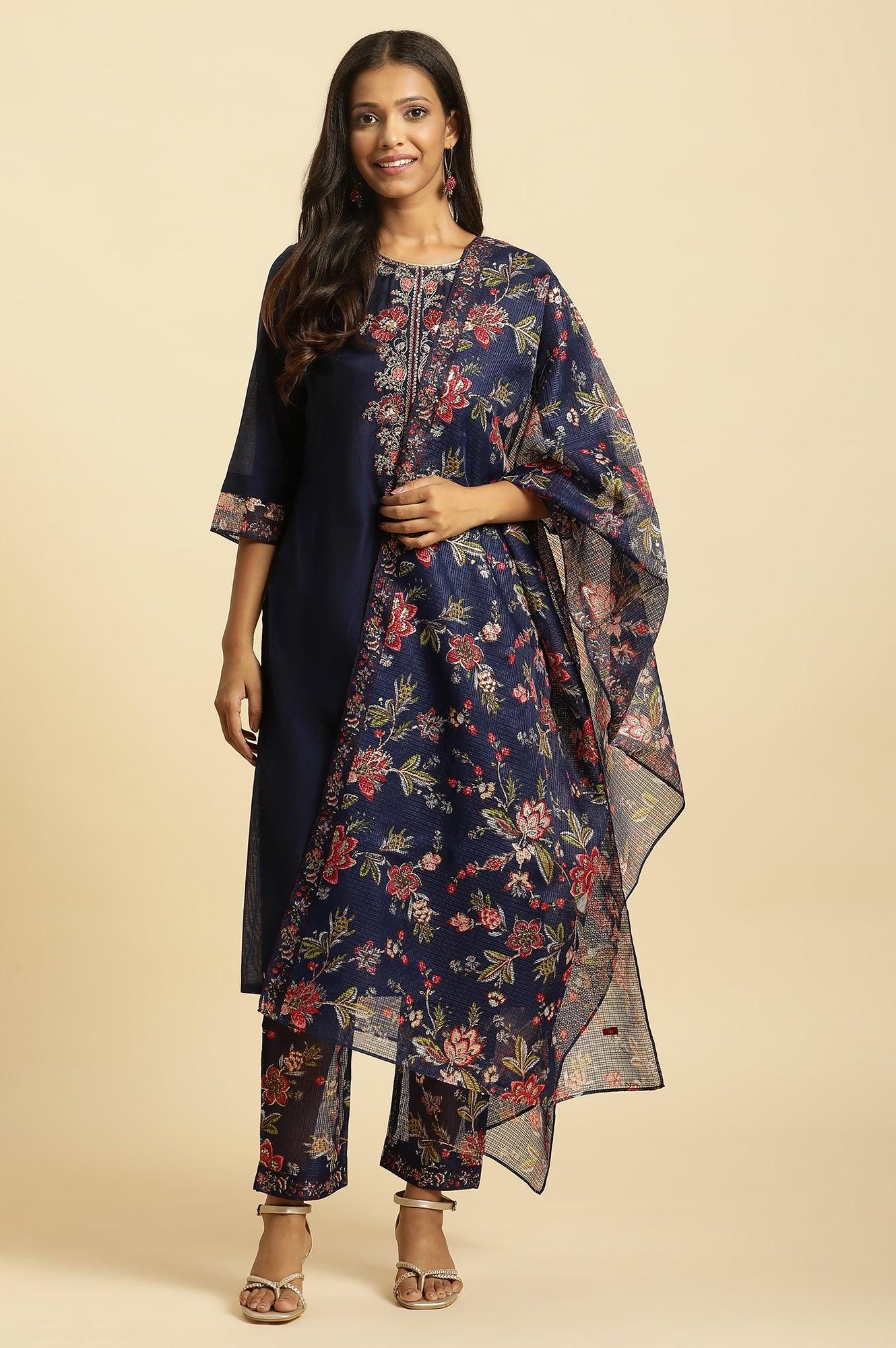 Royal Blue Embroidered Kurta, Pants And Dupatta Set - wforwoman
