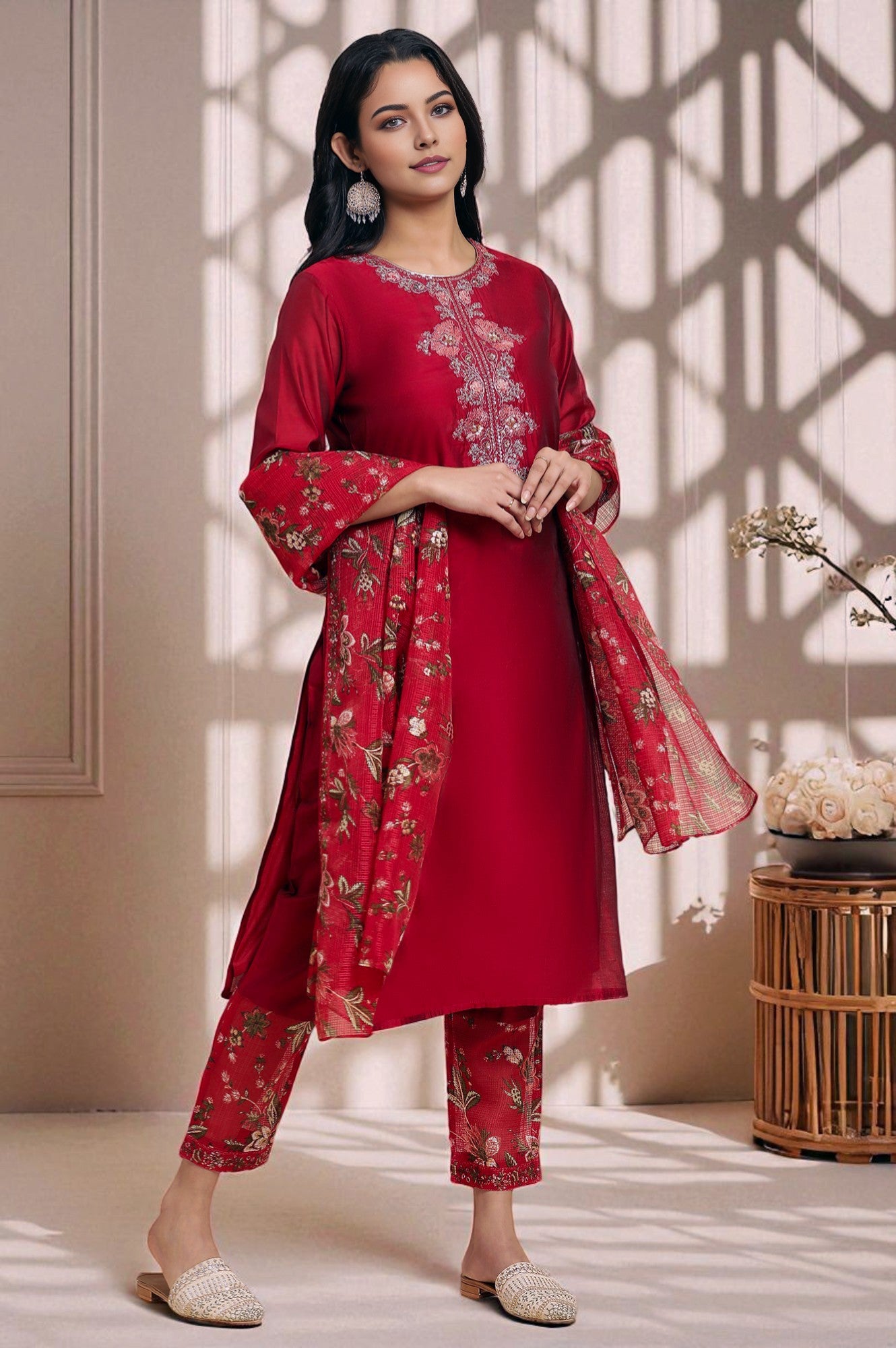 Red Dori Embroidered Chanderi Straight Kurta, Pants and Dupatta Festive Set