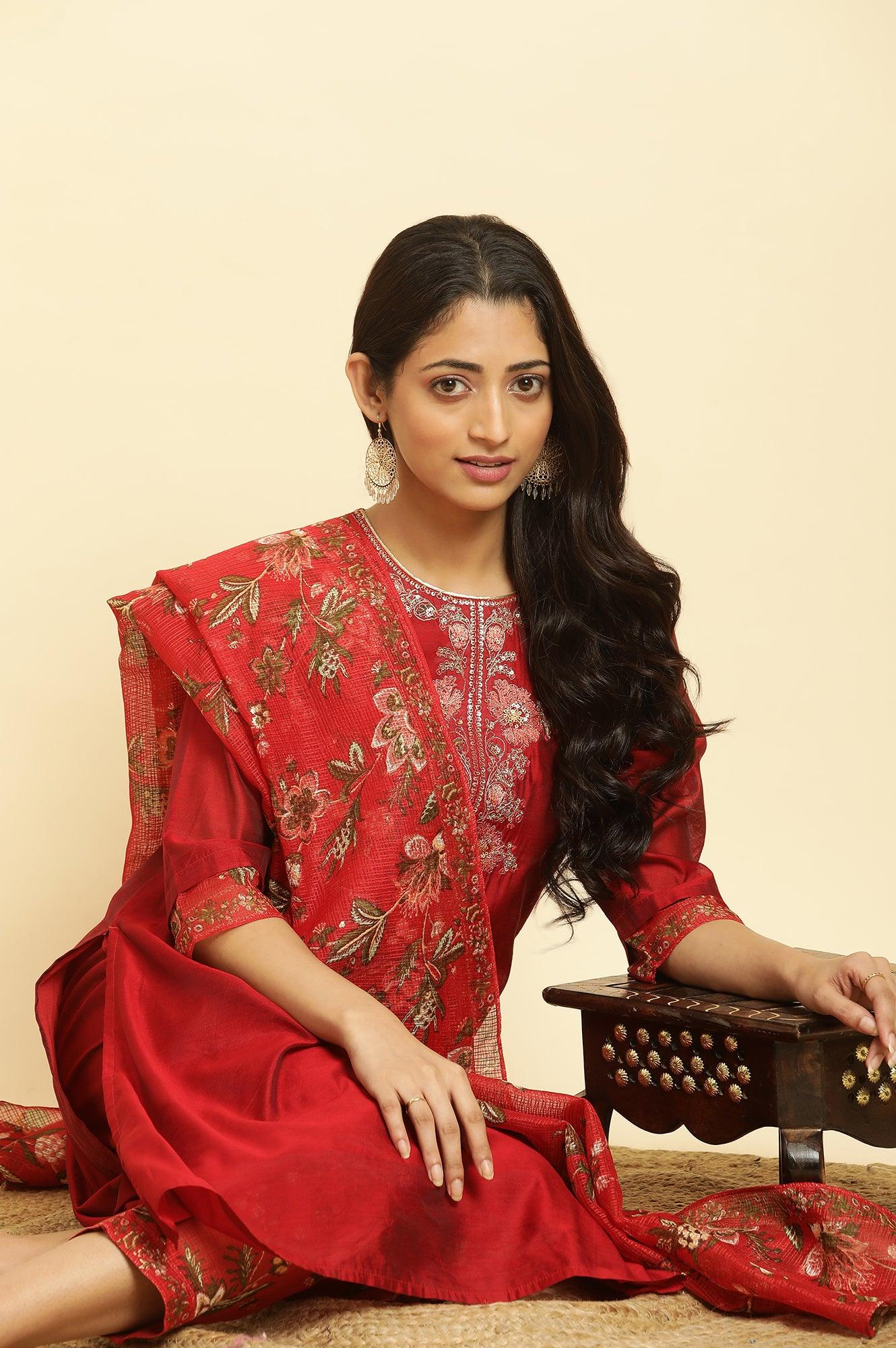 Red Chanderi Kurta, Pants And Dupatta Festive Set - wforwoman