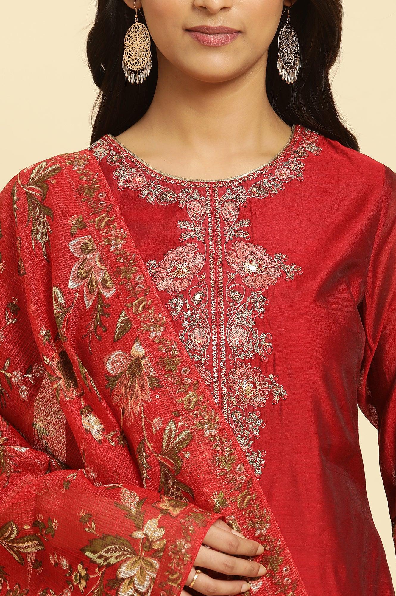 Red Chanderi Kurta, Pants And Dupatta Festive Set - wforwoman