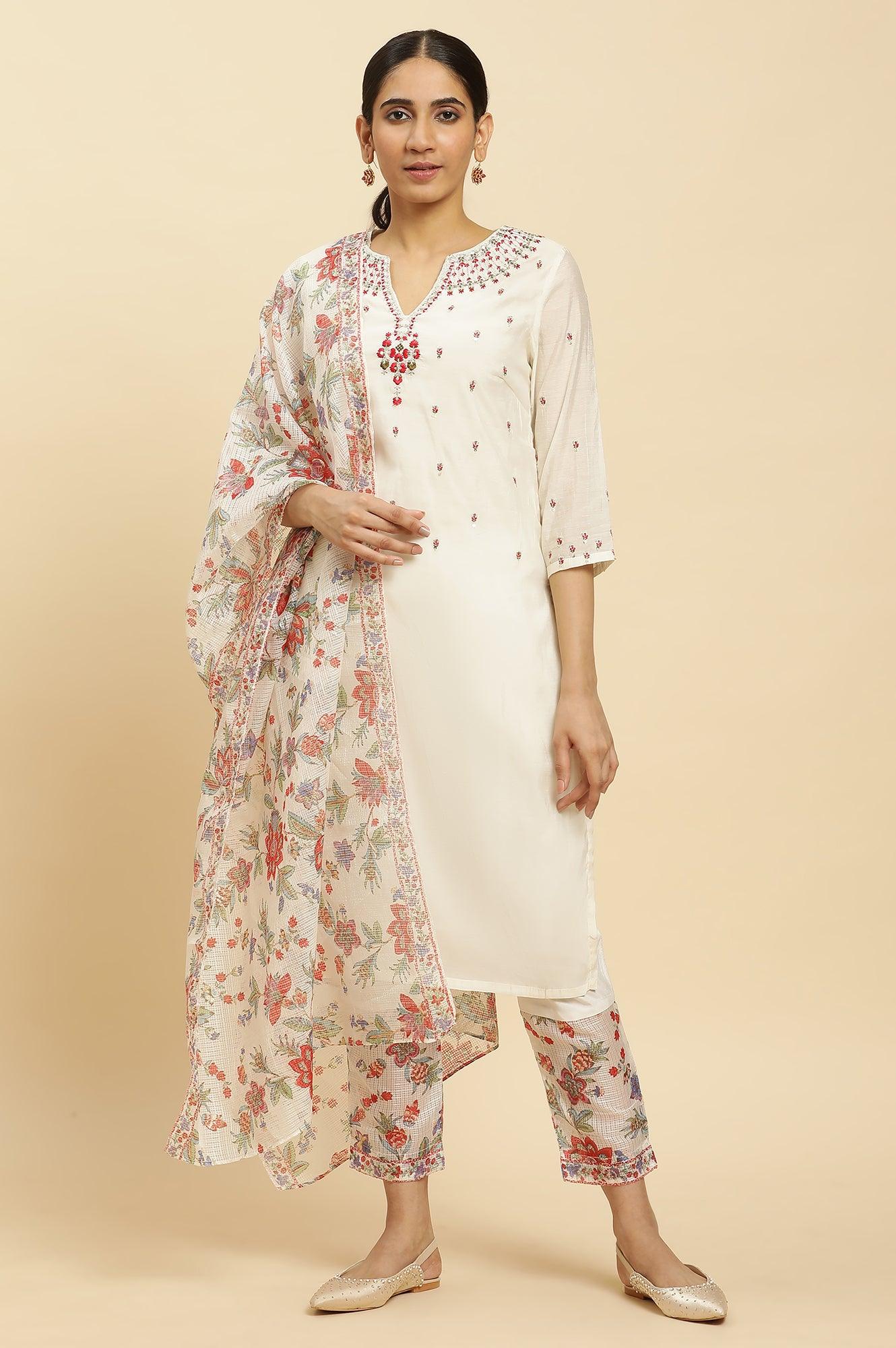 Ecru Chanderi Embroidered Kurta, Slim Pants And Dupatta Set - wforwoman