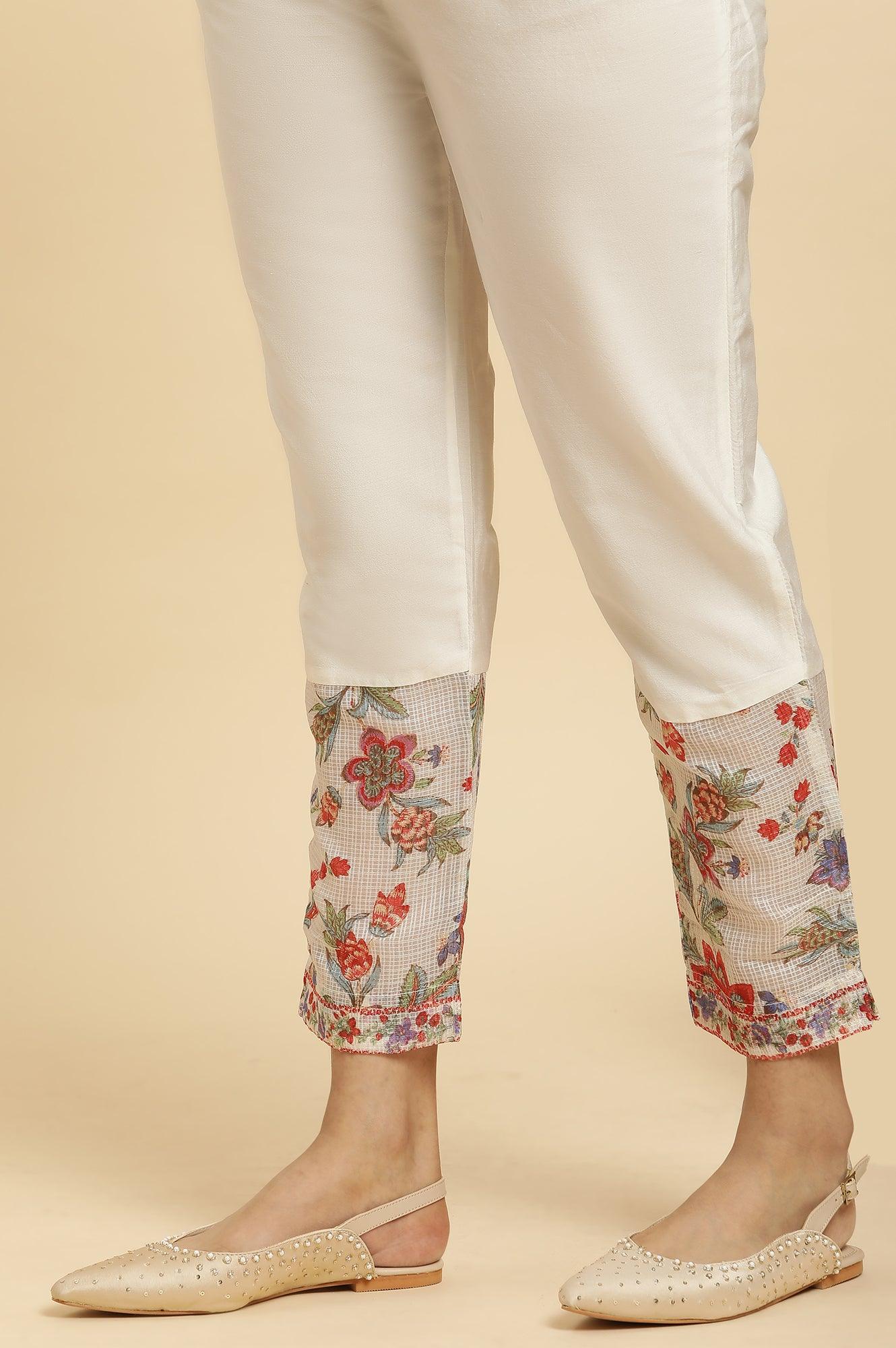 Ecru Chanderi Embroidered Kurta, Slim Pants And Dupatta Set - wforwoman