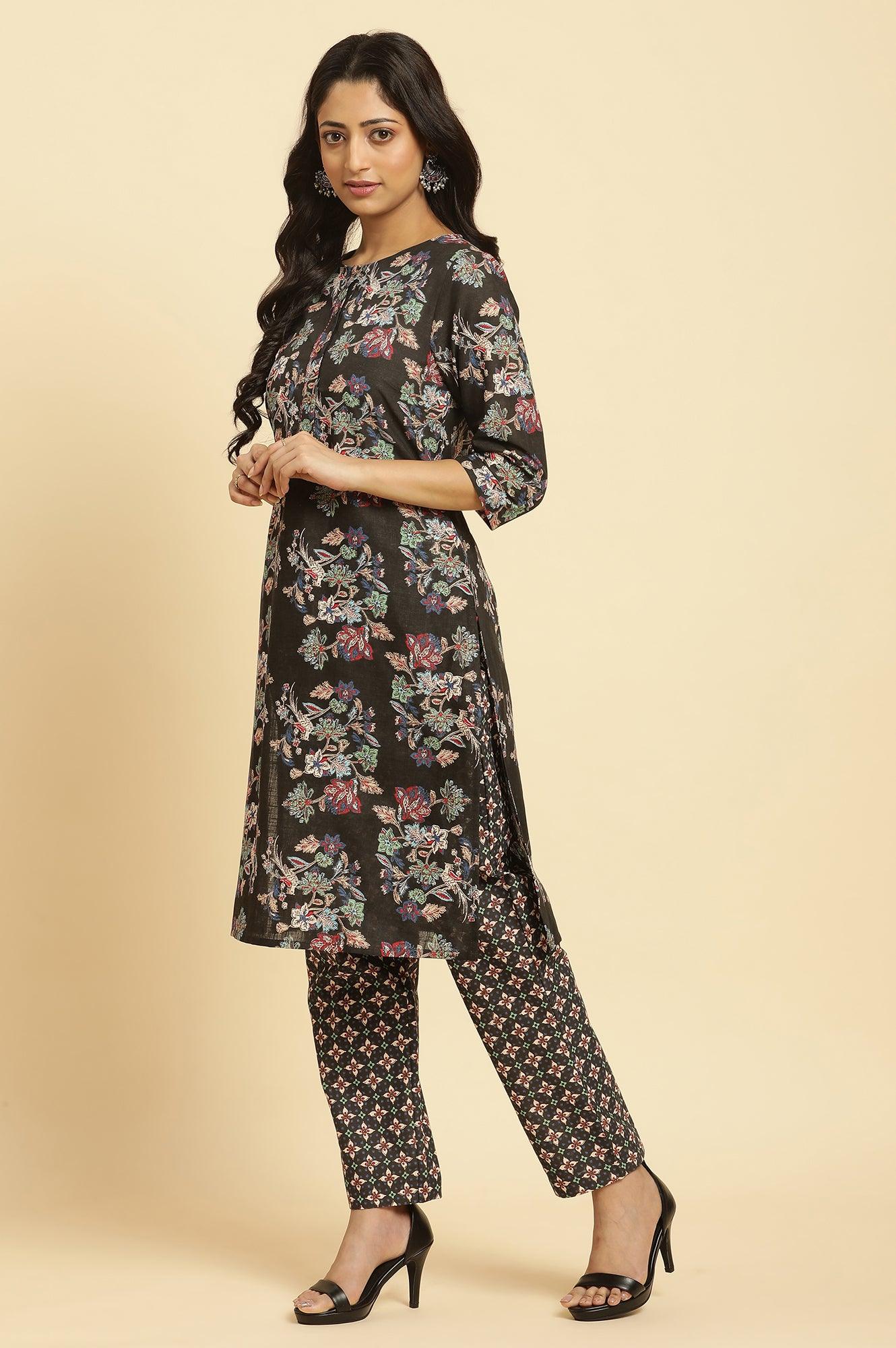 Black Floral Printed Kurta And Pants Set - wforwoman