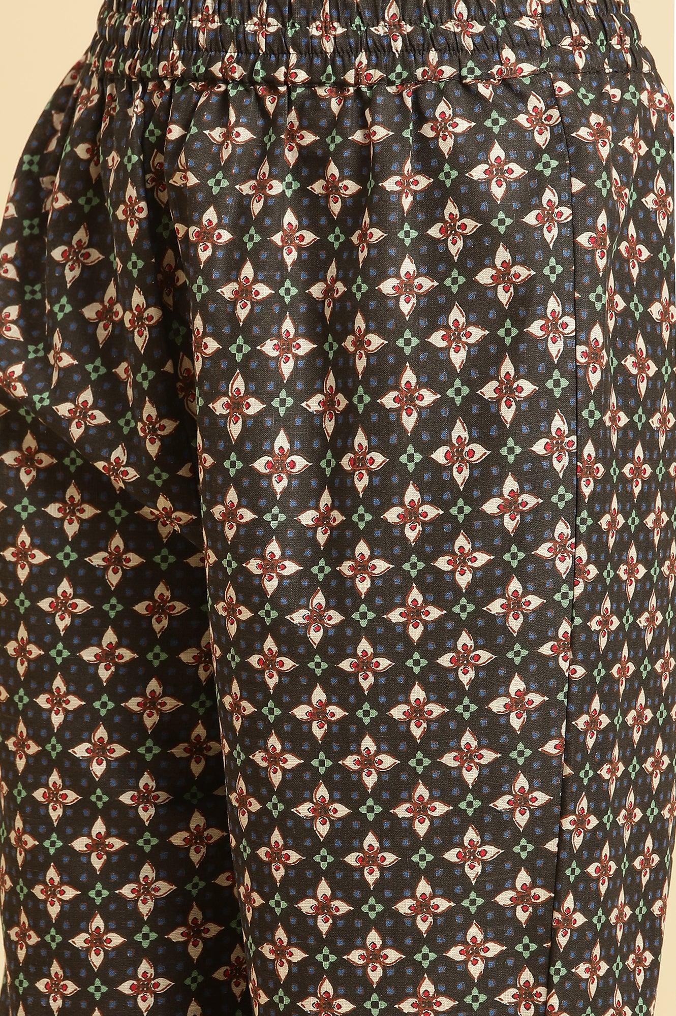 Black Floral Printed Kurta And Pants Set - wforwoman