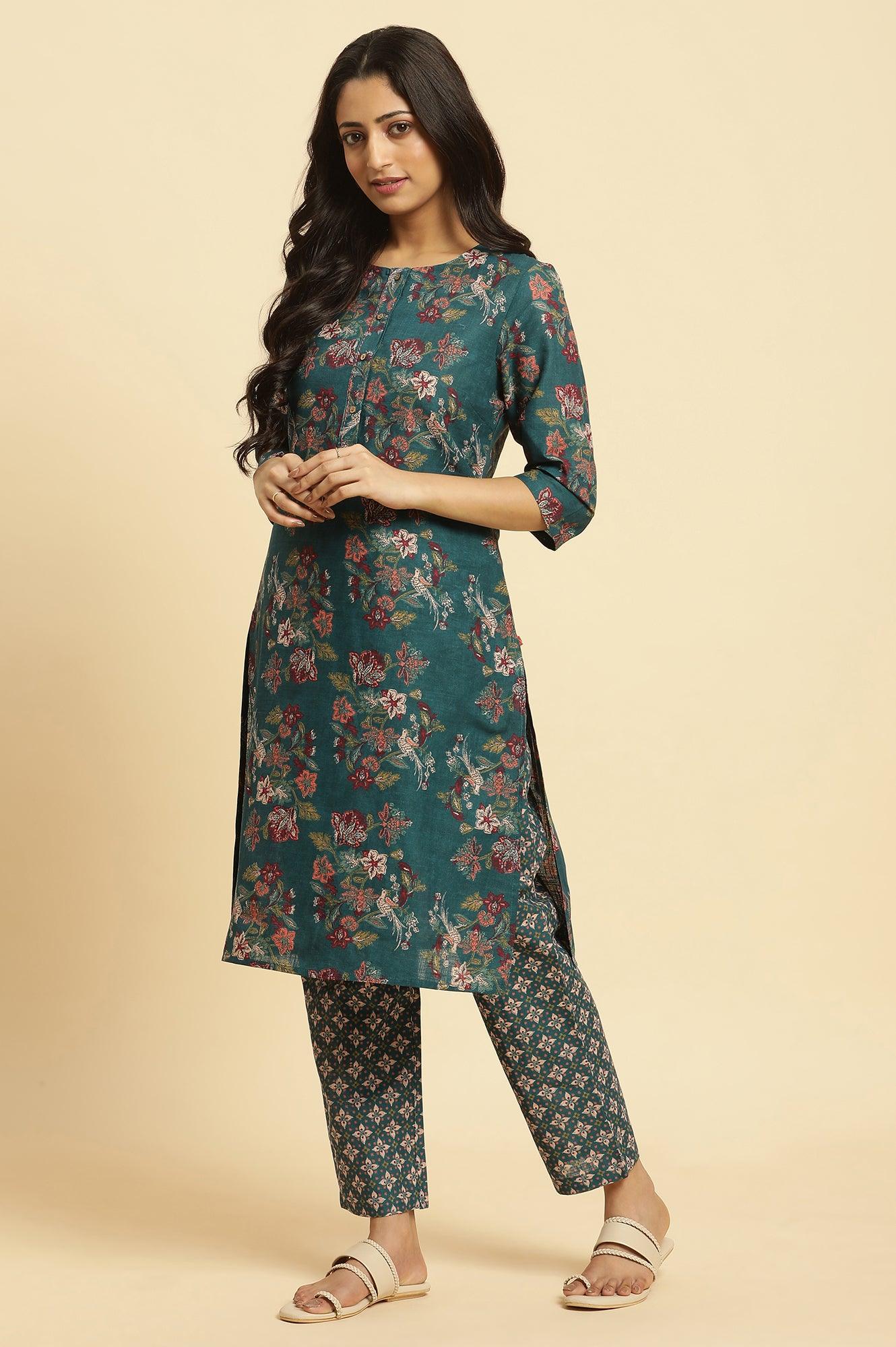 Teal Green Floral Printed Kurta And Pants Set - wforwoman