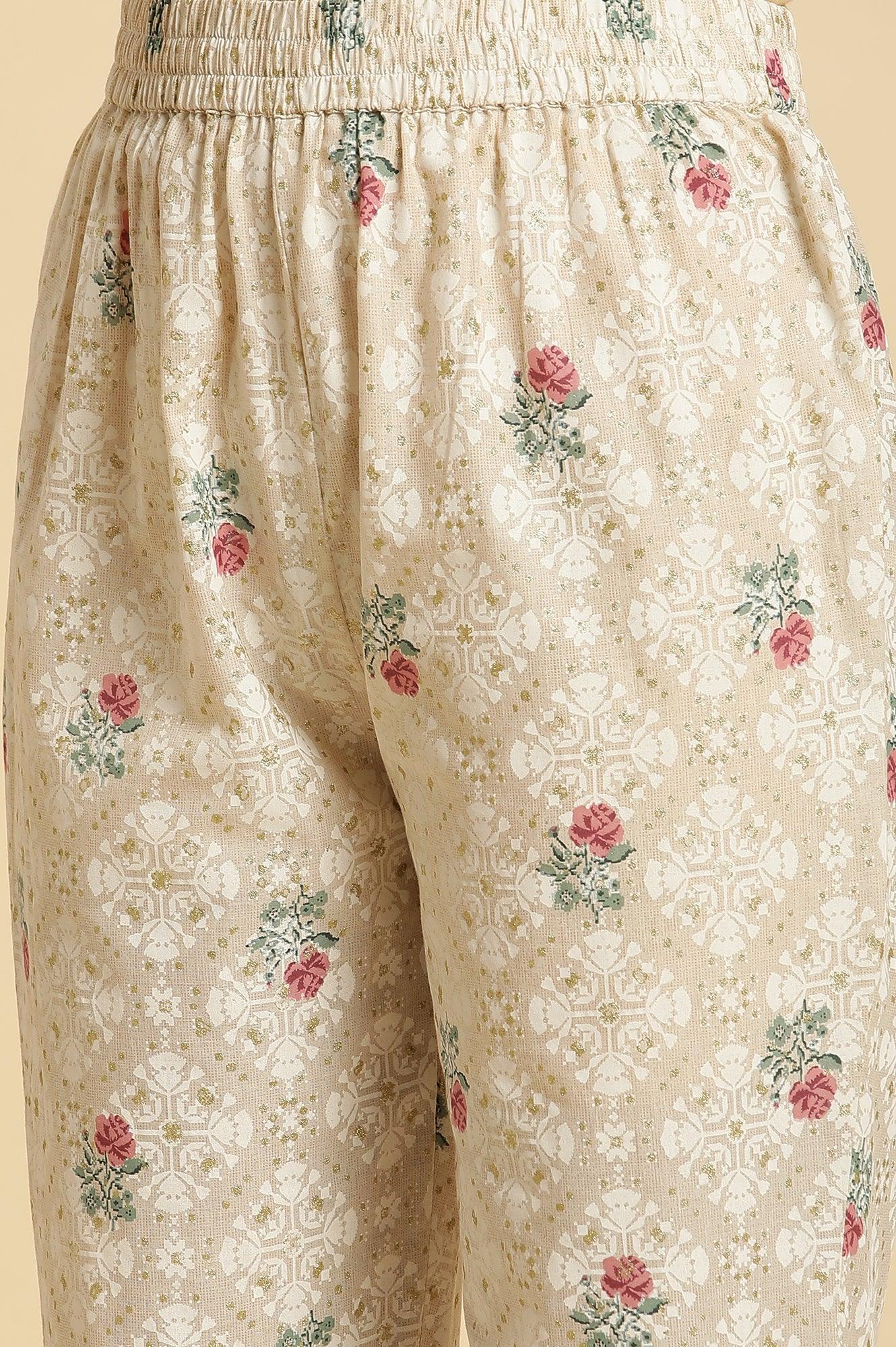 Beige Glitter Printed Kurta And Straight Pants Set - wforwoman