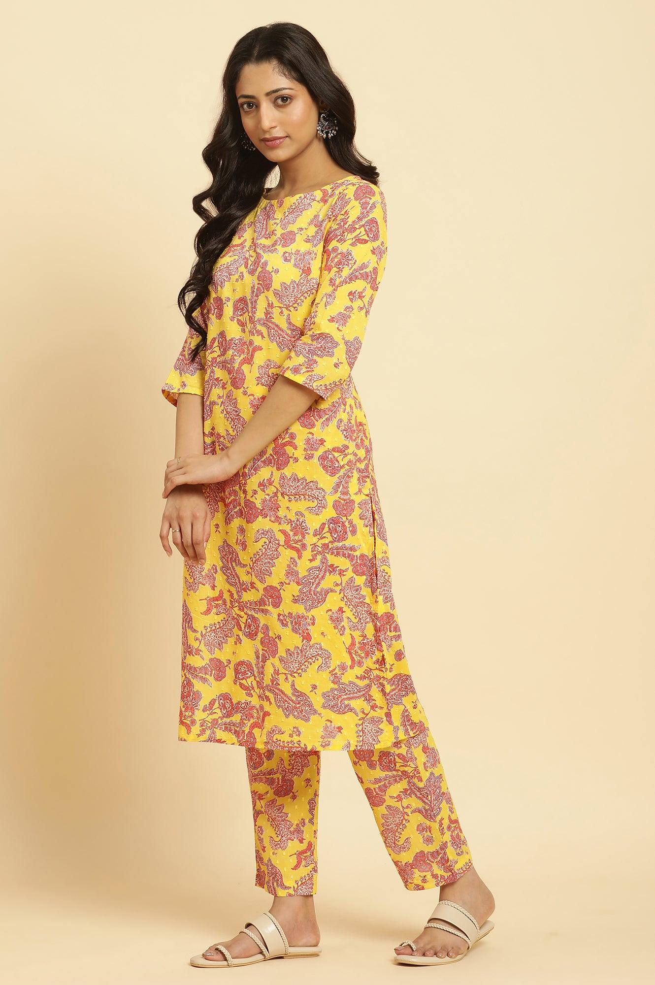 Yellow Floral Printed Cotton Kurta And Pants Co-Ord Set - wforwoman