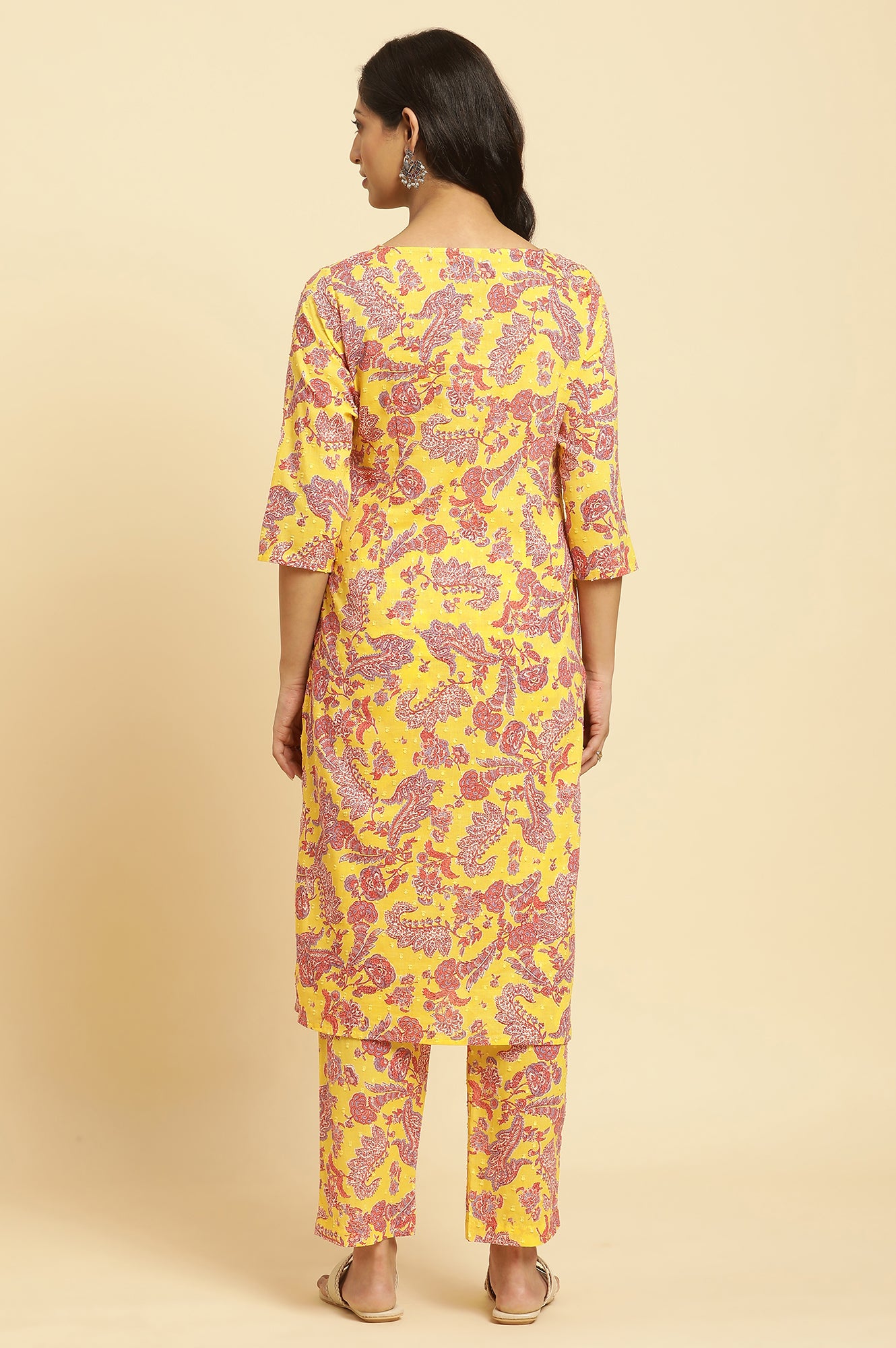Yellow Floral Printed Cotton Kurta And Pants Co-Ord Set - wforwoman