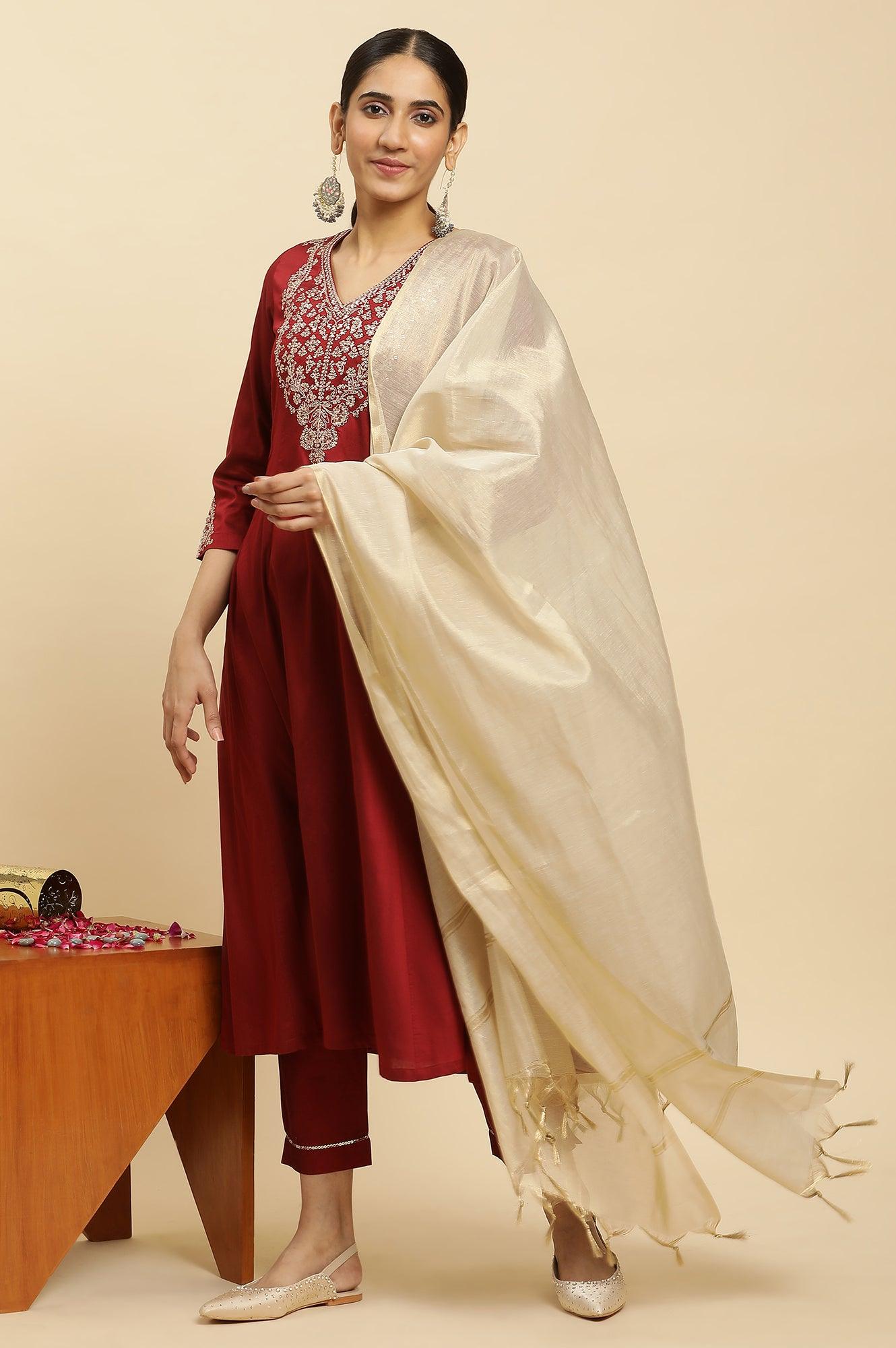 Buy Red Panelled Embroidered Kurta, Slim Pants And Dupatta Set