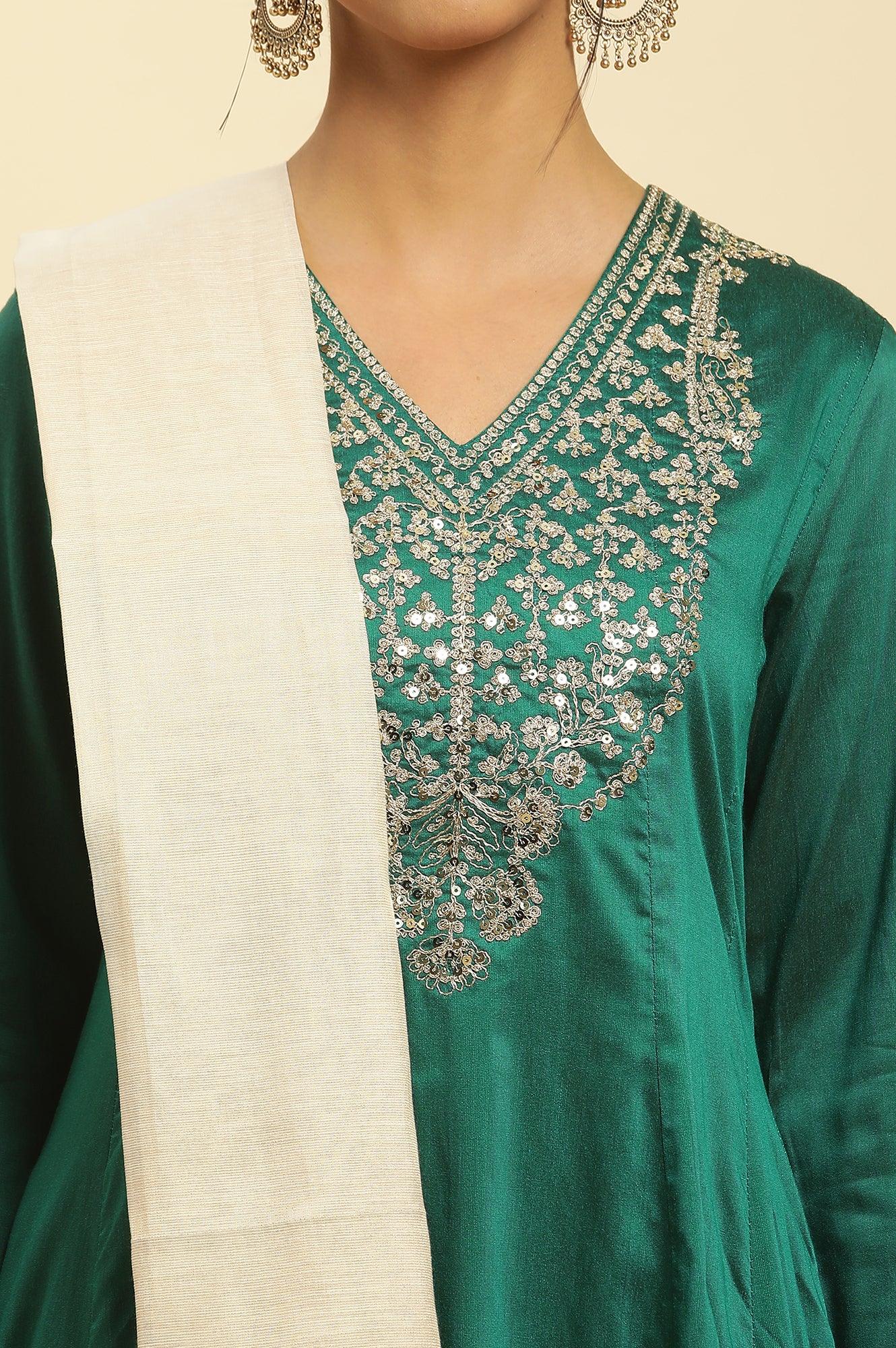 Green Panelled Embroidered Kurta, Slim Pants And Dupatta Set - wforwoman