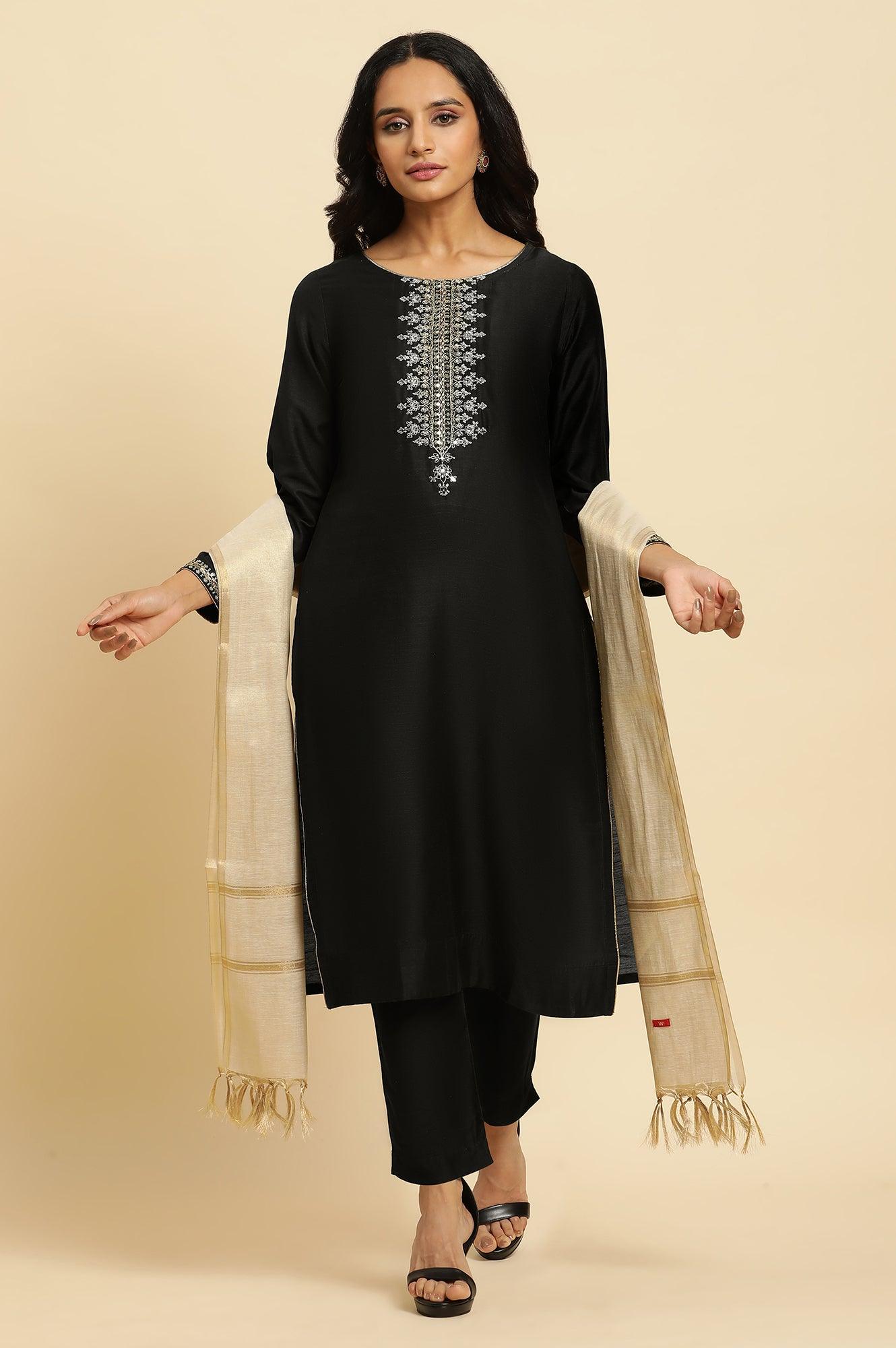 Black Zari Embroidered Straight Kurta, Pant And Dupatta Set - wforwoman