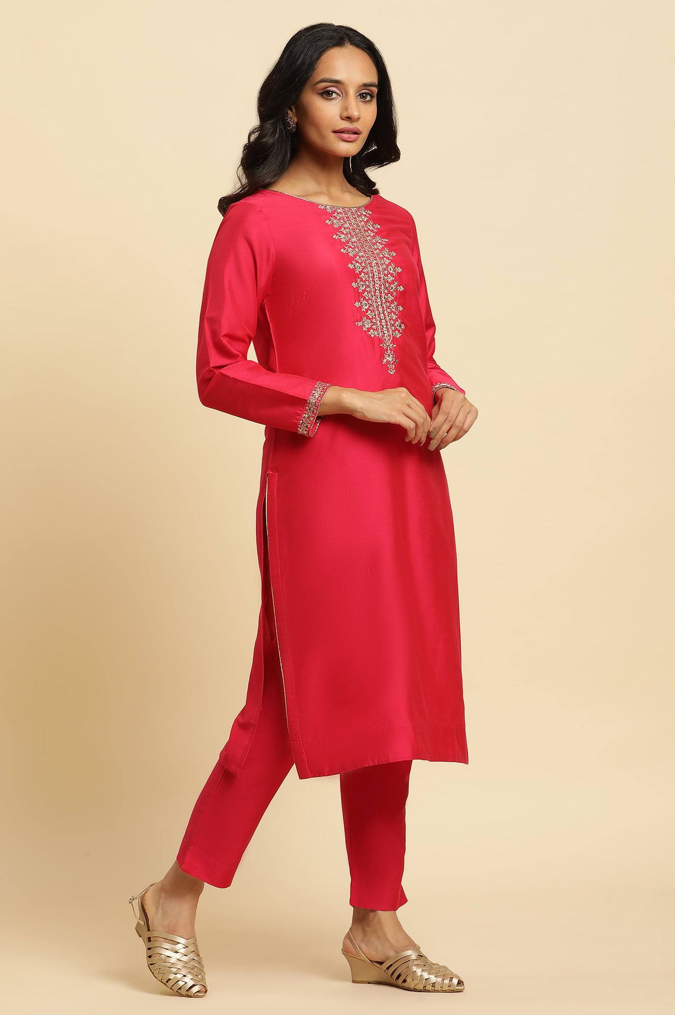 Pink Zari Embroidered Straight Kurta, Pant And Dupatta Set - wforwoman